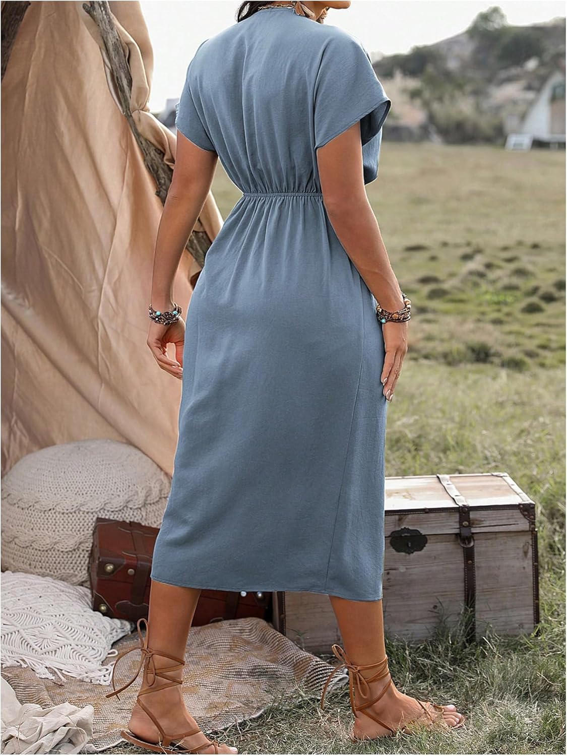 SOLY HUX Women's Plus Size Wrap V Neck Knot Side Midi Dress Short Sleeve Flowy Party Dresses - Image 2