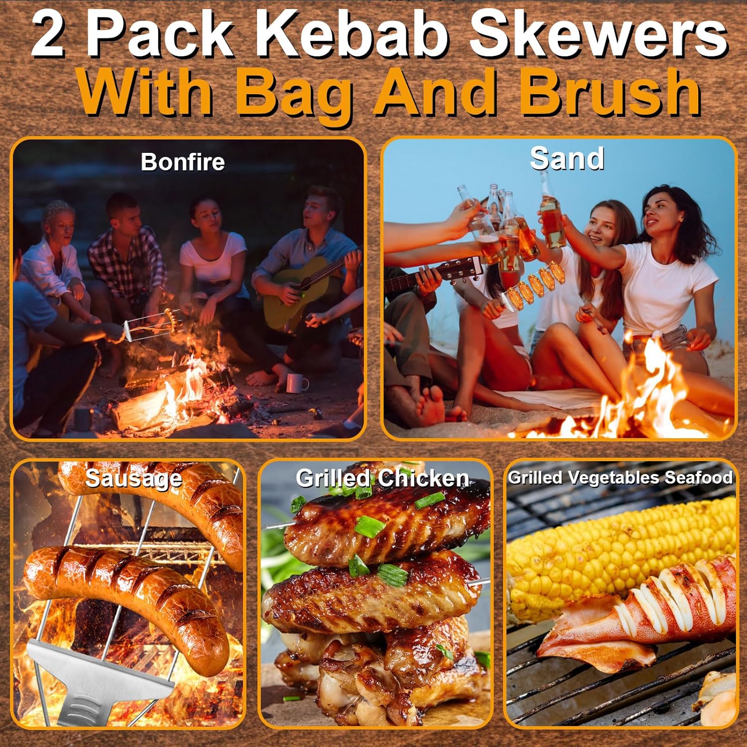 3 Way Barbecue Skewers,2pcs Kabob Skewers with Brush and Storage Bag,3-Prong BBQ Skewer Stainless Steel,Easy to Use Push Bar Slider, Kabob Sticks for Meat,Chicken,Sausages,