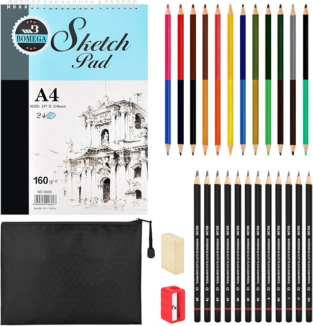 BROTOU Drawing Sketching Pencils Set, 28 Packs Art Kit with Sketch Book Draw Pencils Dual Ended Colored Pencil Eraser Sharpener Pencil Case for Kids Adults and Art Beginners