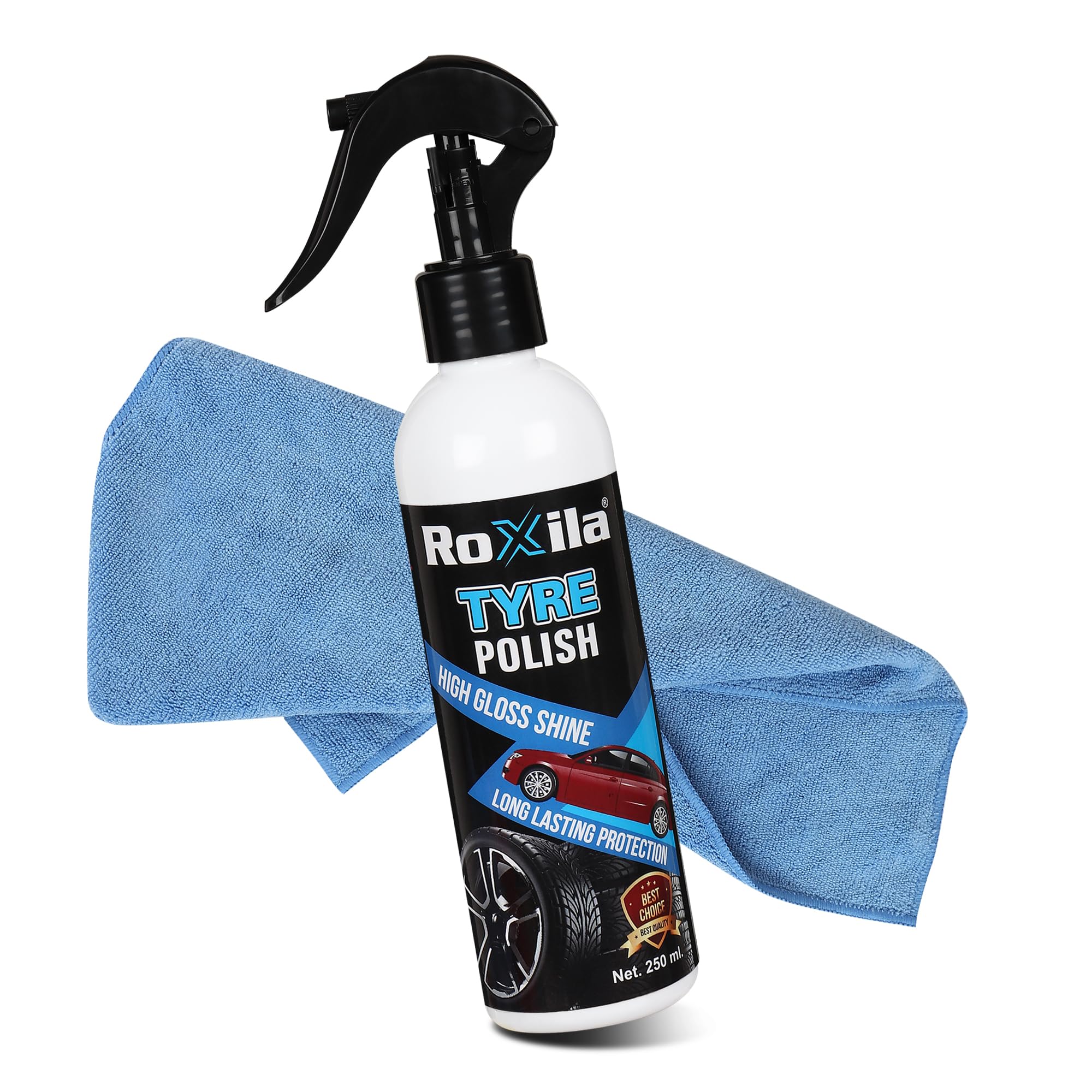 Roxila TYRE POLISH with MICROFIBER CLOTH for Car and Bikes Long lasting Result with Long lasting Protection Super Black Shine for Rubber, Plastic Parts, Dullness, Non Greasy - 250ML