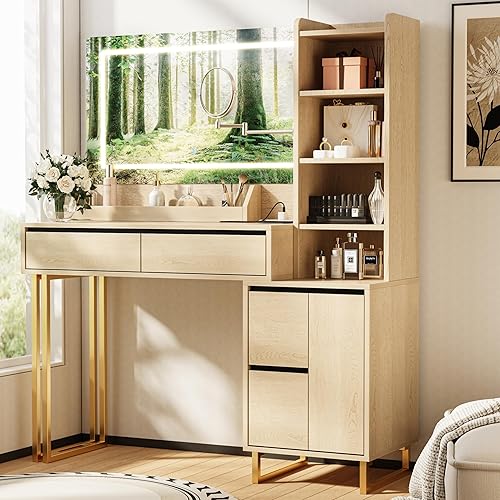 Escritorio de Tocador con Espejo y Luces, Mesa de Maquillaje de 104 cm con Espejo de Aumento 10x, Estación de Carga, Cajones, Estanterías, Armario