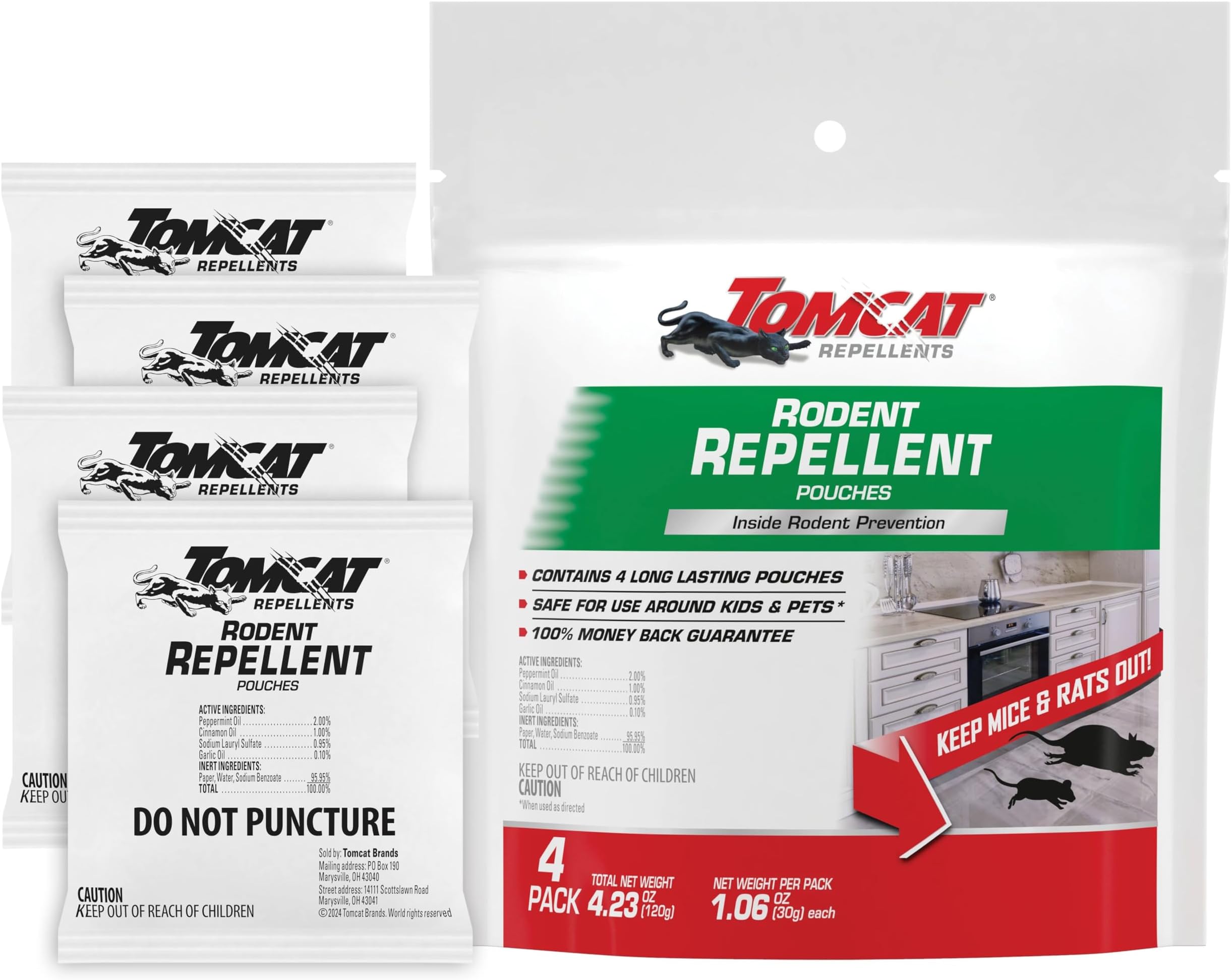 Tomcat Repellents Rodent Repellent Pouches, Ready-to-Use, Inside Rodent Prevention with Essential Oils, 4.23 oz., 4-Pack