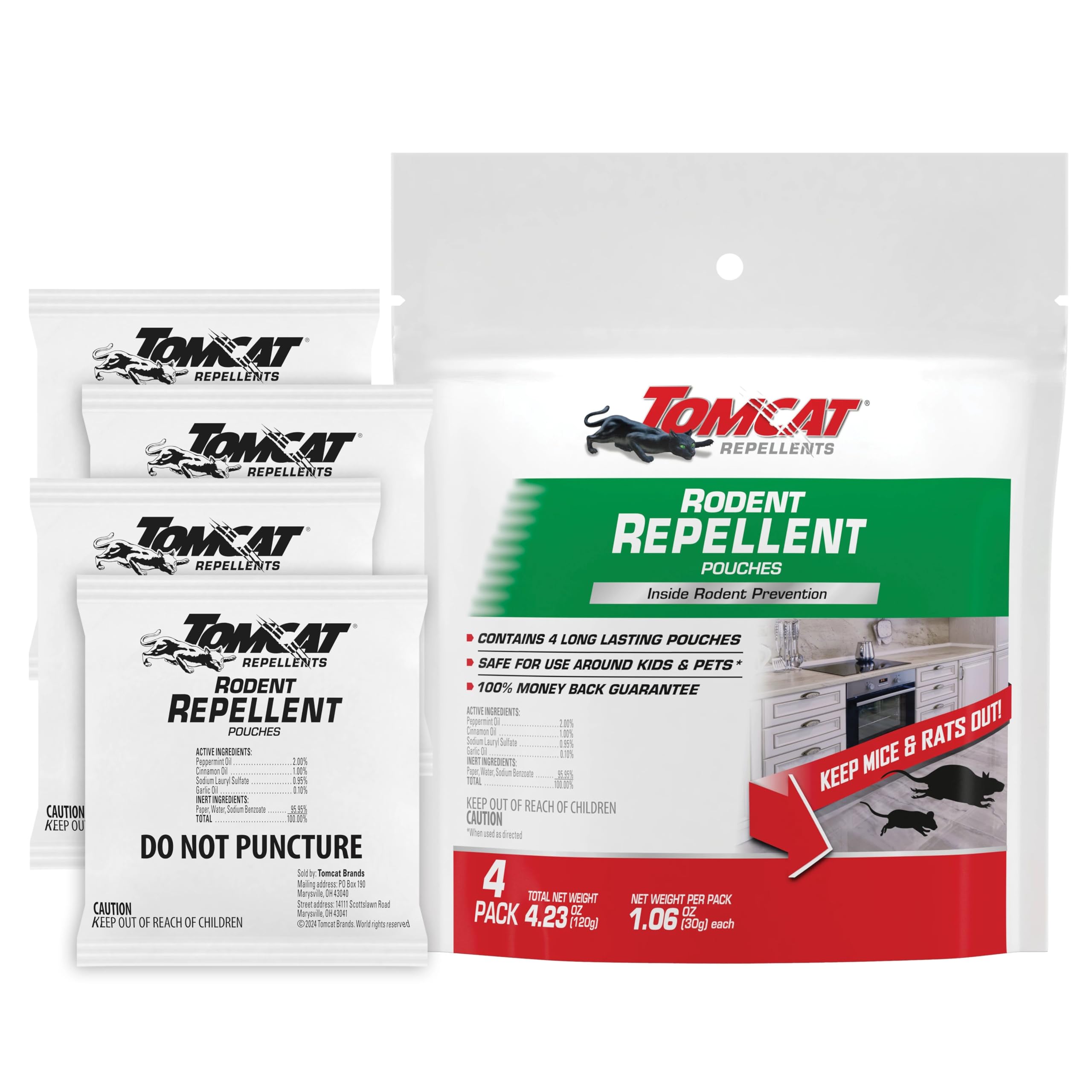 Tomcat Repellents Rodent Repellent Pouches, Ready-to-Use, Inside Rodent Prevention with Essential Oils, 4.23 oz., 4-Pack