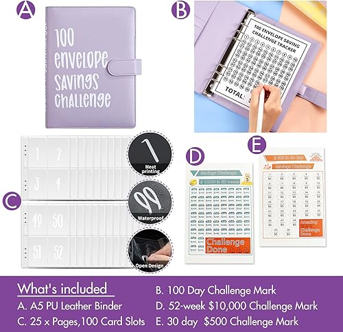 Miniatura 10 de Carpeta de desafío de ahorro de 100 sobres, libro A5 para ahorrar dinero, libro de ahorro de dinero para 52 semanas para ahorrar $5,050, $10,000,