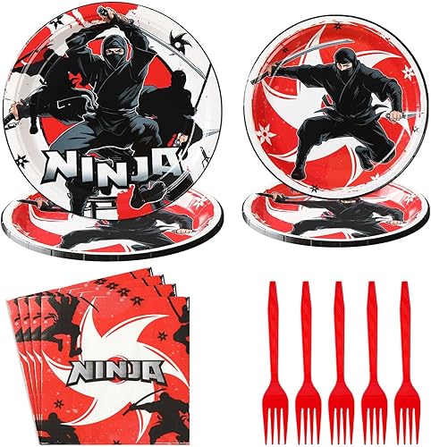 96 piezas de suministros de fiesta ninja platos ninja, servilletas, tenedores, juego de vajilla, decoraciones de fiesta de cumpleaños ninja para