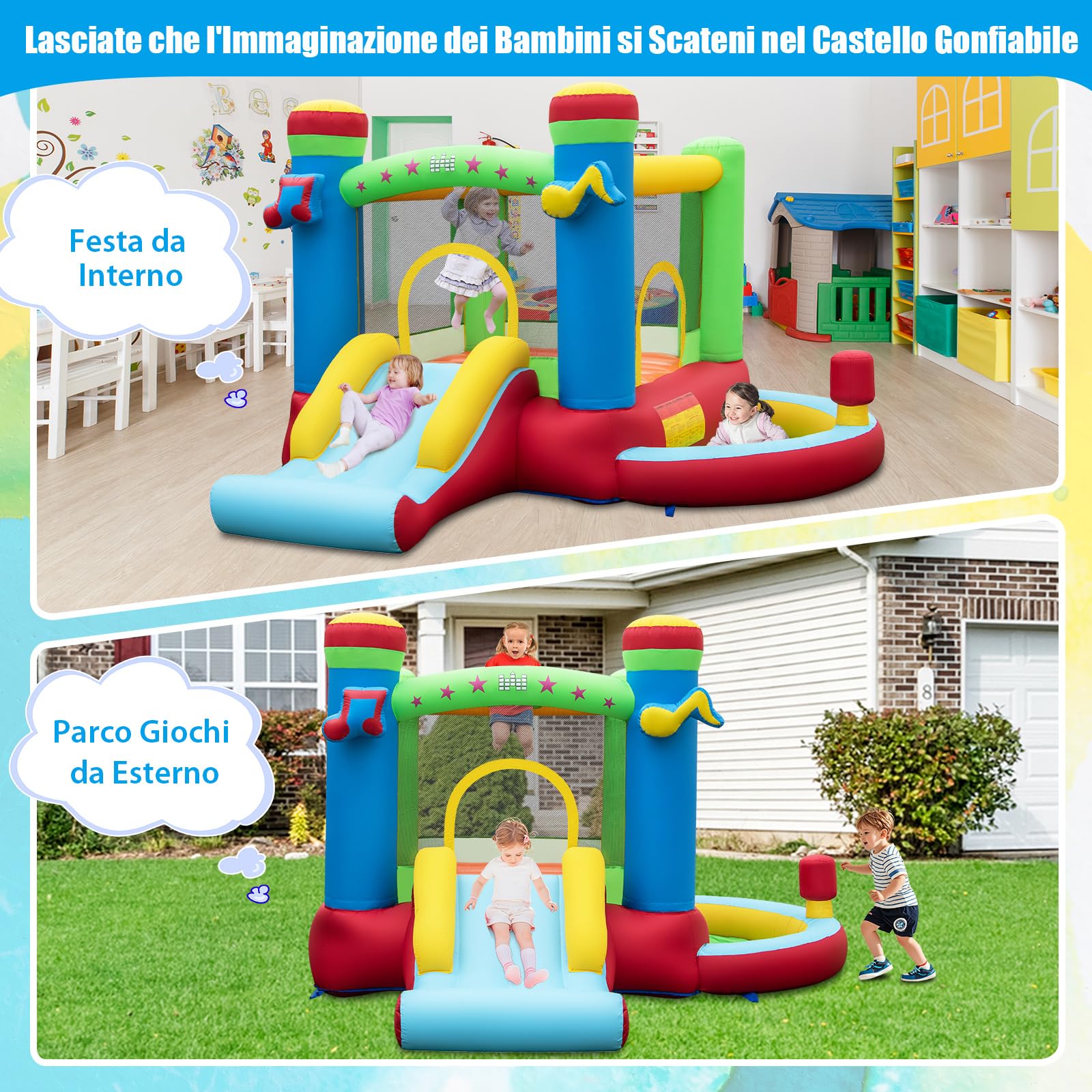 COSTWAY Castello Gonfiabile 5 in 1 per Bambini di Tema Musicale, Castello Gonfiabile con Scivolo, Trampolino, Piscina e Canestro, Gioco Gonfiabile da Interno ed Esterno, per Bambini da 3 a 12 Anni