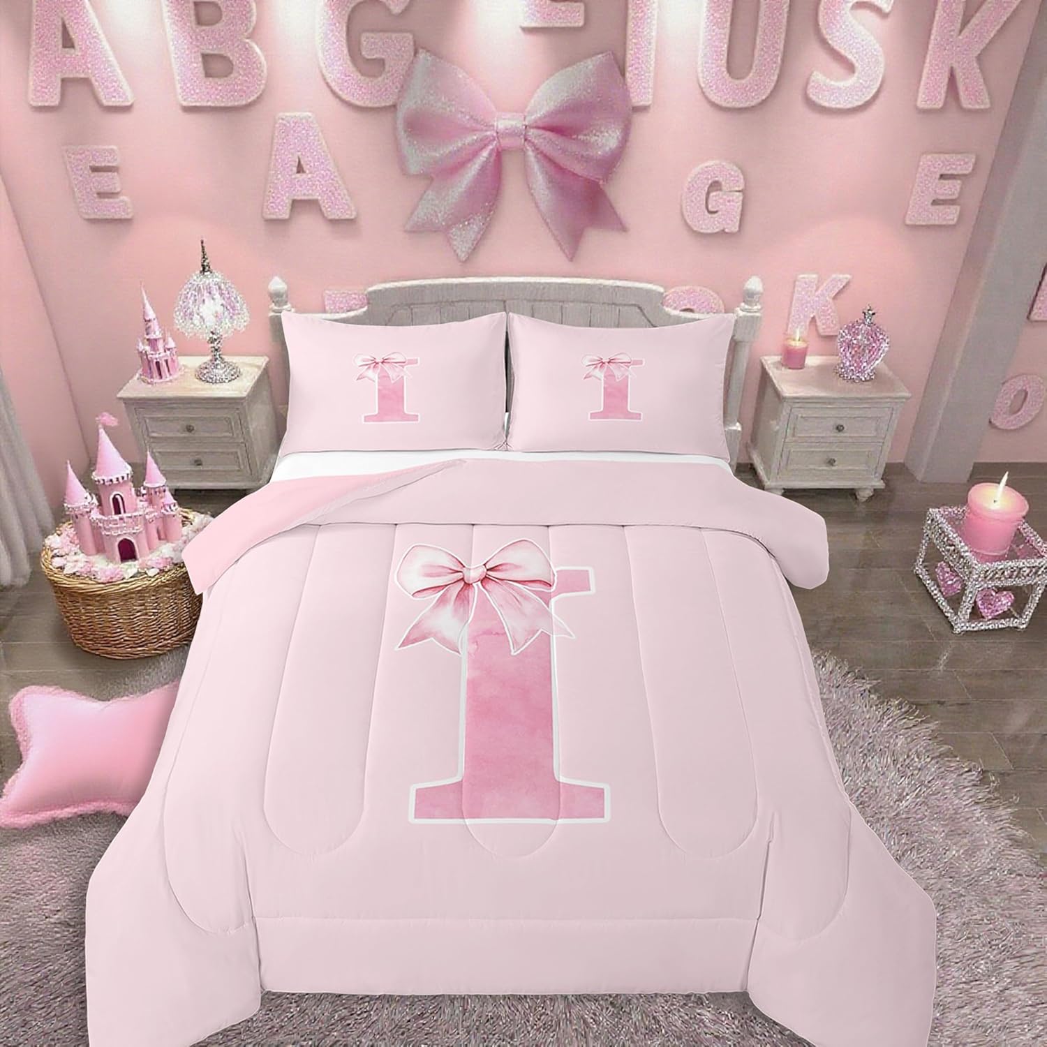 Erosebridal Initial I Comforter Set Twin,Monogrammed Bows Bedding for Girls Women Teen,Coquette Trendy Preppy Pink Bowknot Quilt,Initial Bedroom Room Decor,Soft Microfiber(I)