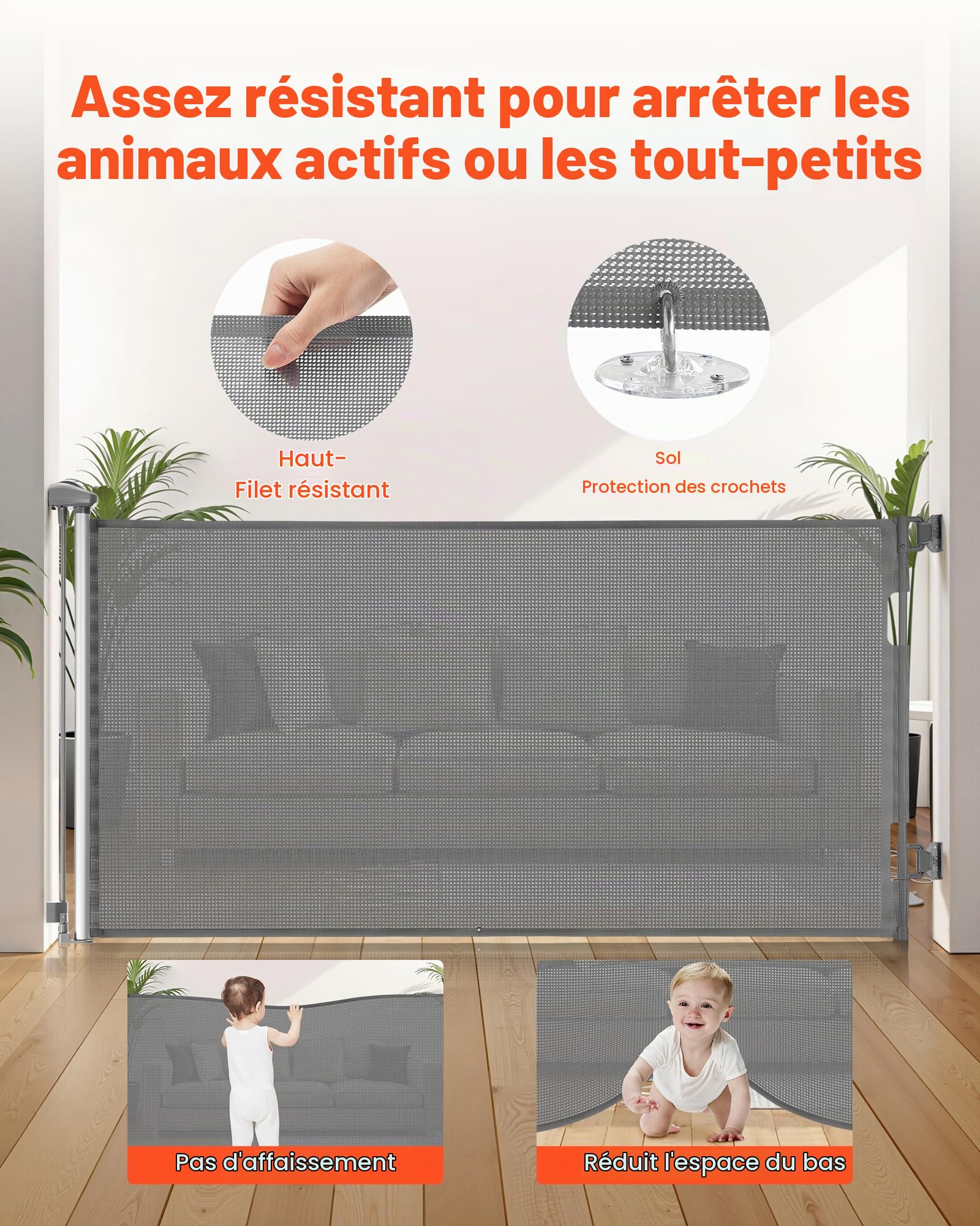 VEVOR Barrière de Sécurité Extensible, Clôture en Maille 185 cm de Large et 79,5 cm de Haut, Barrière Rétractable pour Animaux de Compagnie, avec Verrou de Sécurité, pour Couloir Escalier, Gris