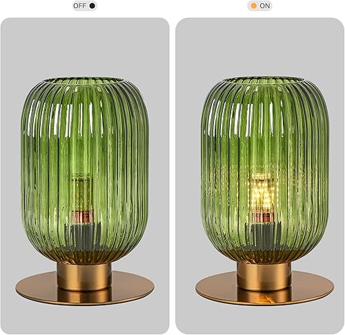 Miniatura 6 de Lámpara de mesa de cristal verde, lámpara de mesa moderna de mediados de siglo, lámpara de noche dorada vintage con base de metal de latón, lámpara