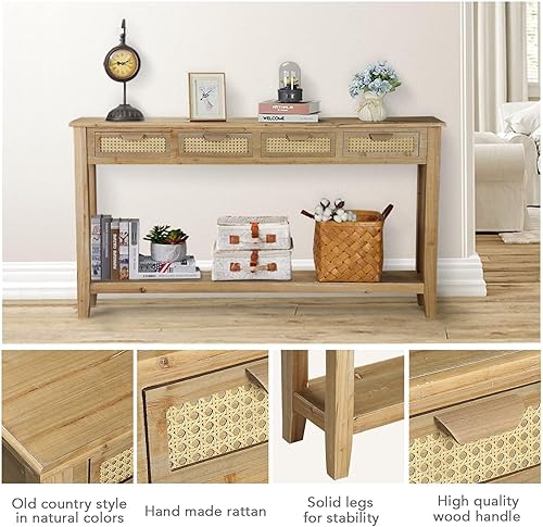 Miniatura 5 de Wnutrees Mesa consola de granja con 4 cajones de ratán, 60 pulgadas de largo, estrechas y bohemias con estantes de almacenamiento abiertos para