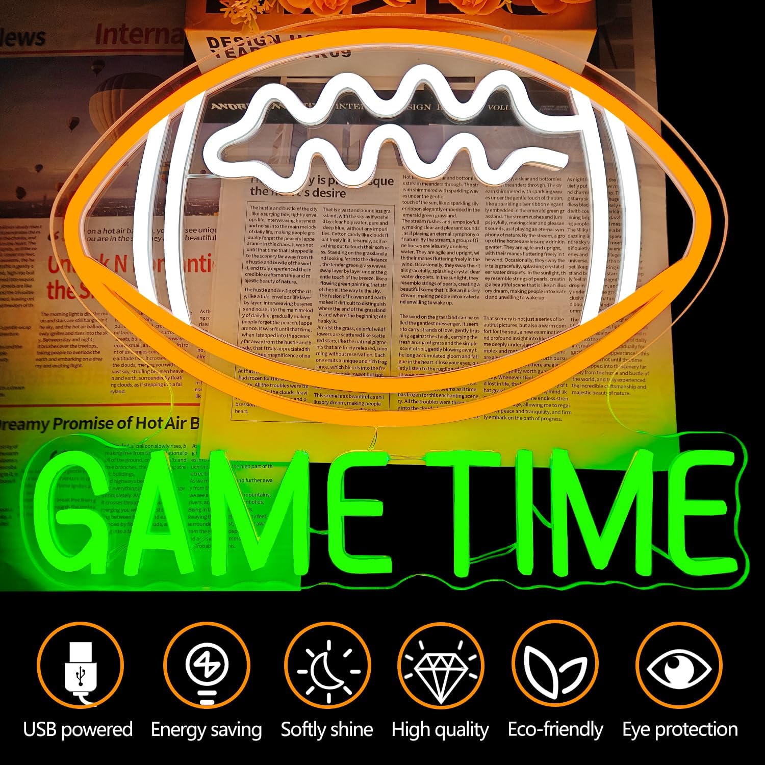 Game Time Neon Sign for Wall Decor Football Led Sign Football Party Decorations Rugby Neon Light Up Sign for Game Room Man Cave Bar Club Sport Themed Birthday Party College Dorm Decoration - Image 2