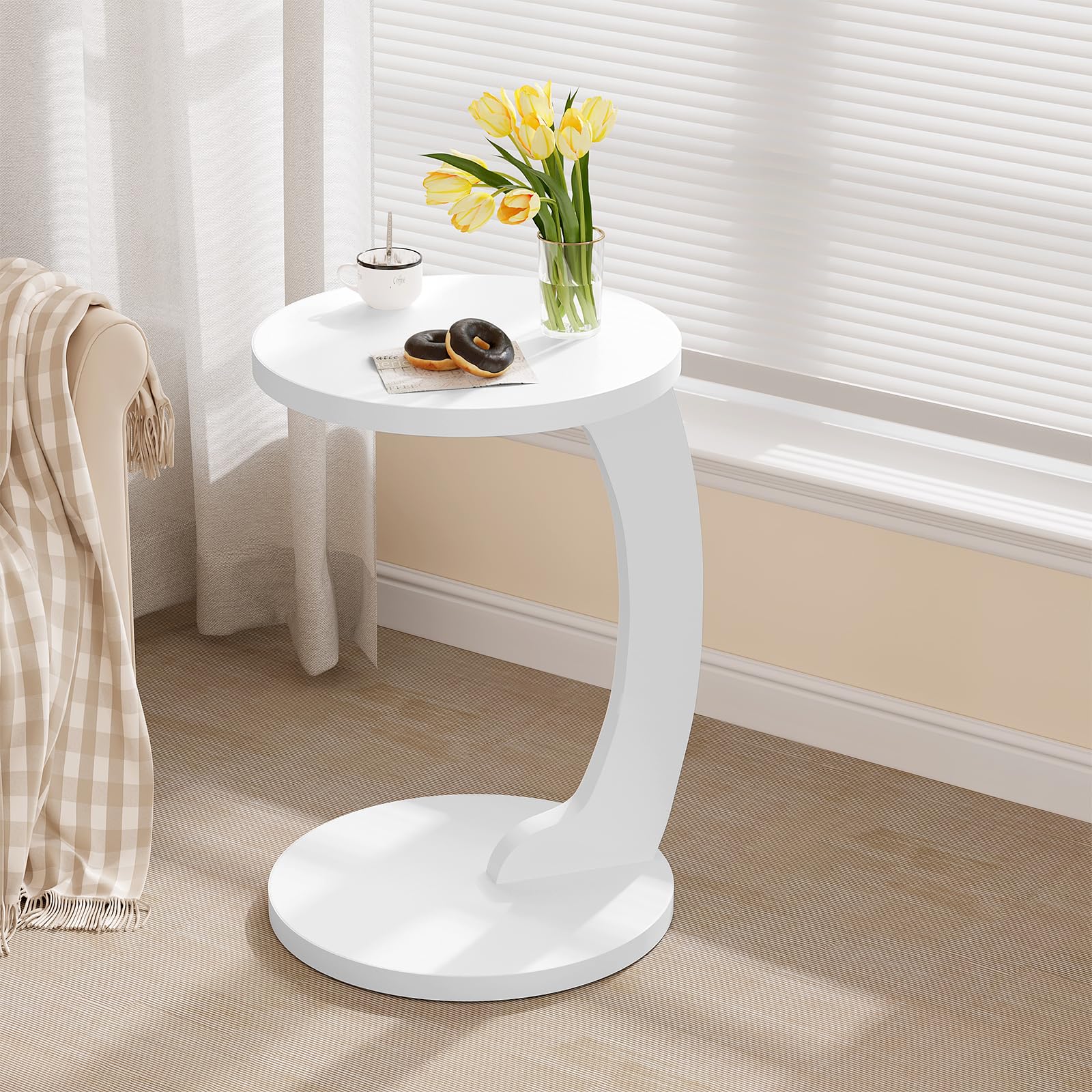 WOLTU Mesa Auxiliar en Forma C, Mesa de Centro Redonda, Mesa Lateral para Sofá o Cama, Mesita Auxiliar para Salón y Dormitorio, MDF, φ38x55 cm, Blanco, BTS20ws