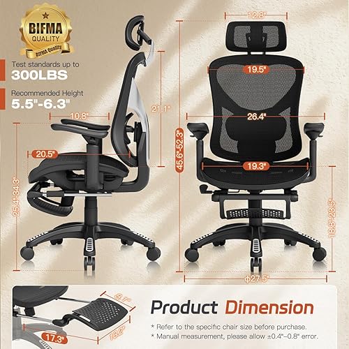 Miniatura 3 de Silla de oficina ergonómica, silla de escritorio de malla con reposapiés, soporte lumbar ajustable, reposabrazos 3D y reposacabezas grande