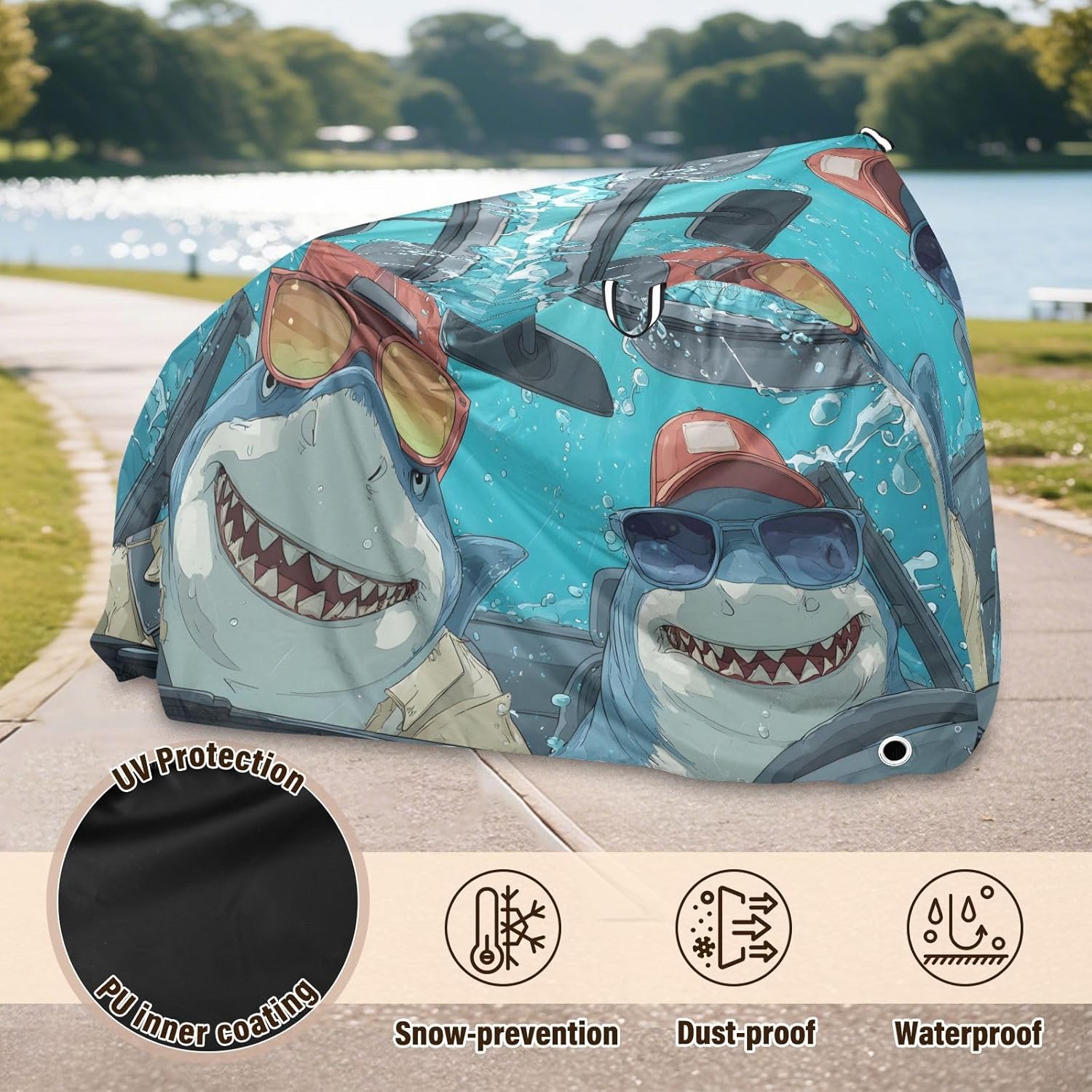 ALAZA Cartoon Shark Driving Funny Animals Bike Cover Waterproof Outdoor Ebike Bicycle Covers Tarp Protection for 1/2 Bikes, Sun UV Dust Wind Proof