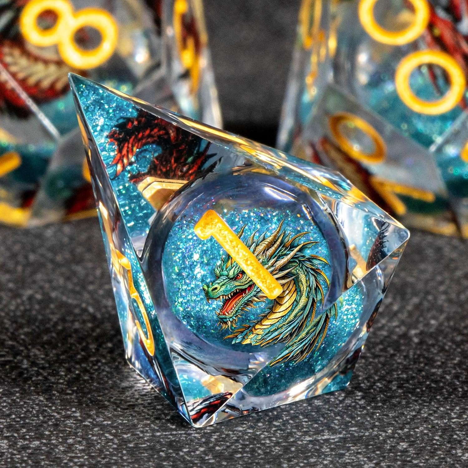 KERWELLSI Liquid Core Dragons Pattern Dice, Resin DND Dice Set with Gift Box, Blue and Gold Sharp Edged Dungeons D&D Dice, Role Playing Game Dice D20 D12 D10 D8 D6 D4