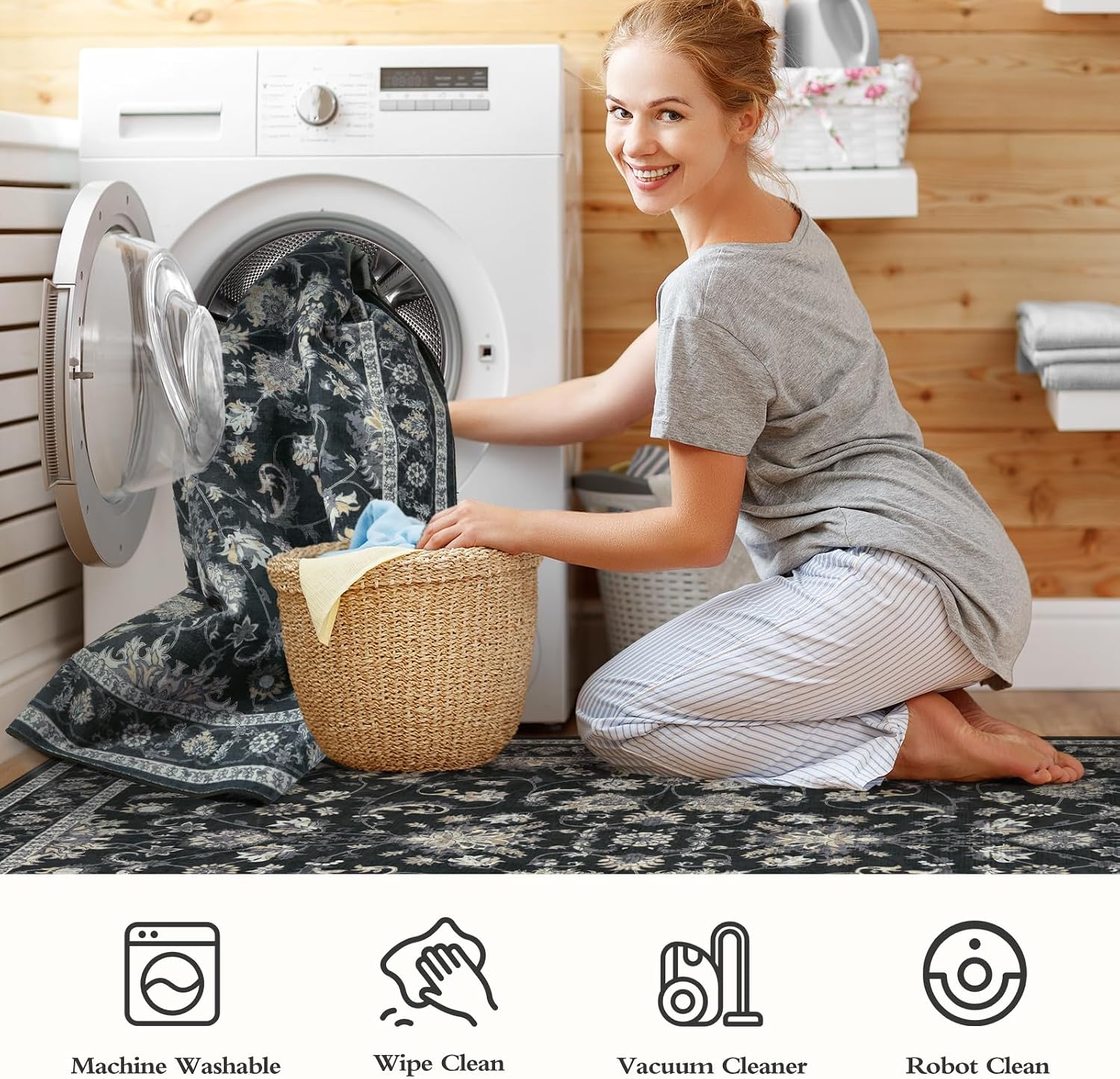 Lukinbox Black 5x7 Floral Area Rugs, Non-Slip Washable Boho Rugs for Living Room, Stain Resistant Low-Pile Accent Rug Vintage Floor Carpet for ‎Bedroom Dining Room Office