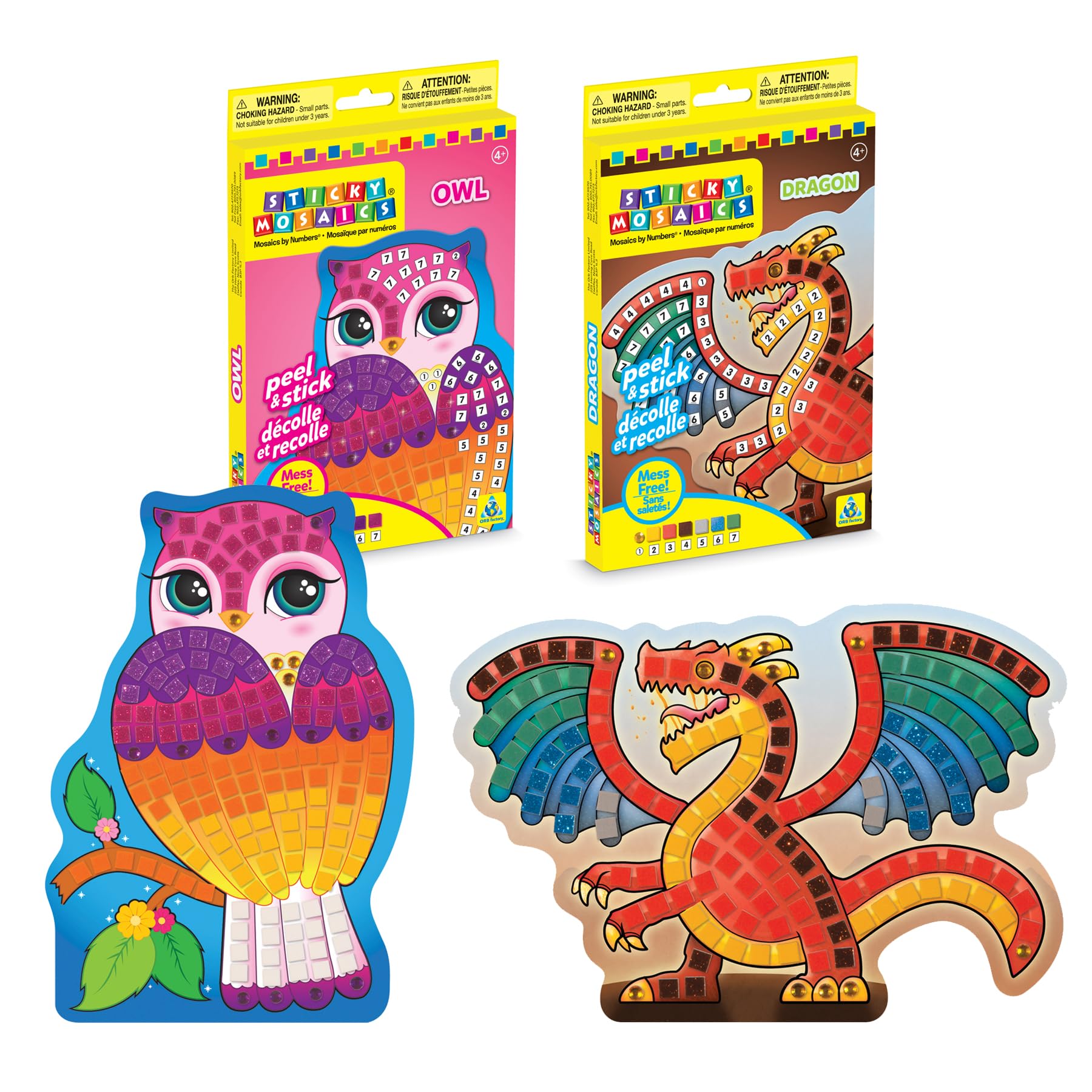 ORB Sticky Mosaics Travel 2 Pack - Dragons and Owls - 2 Craft by Number Kits for Kids, Perfect for Travel Entertainment - Each Kit Contains 1 Themed Mosaic Scene -Great Holiday Gift for Boys and Girls