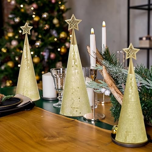 Miniatura 8 de Juego de 3 árboles de Navidad de cristal dorado, 17, 15, 13 pulgadas, pequeño árbol de Navidad hecho a mano, decoración de discoteca para decoración