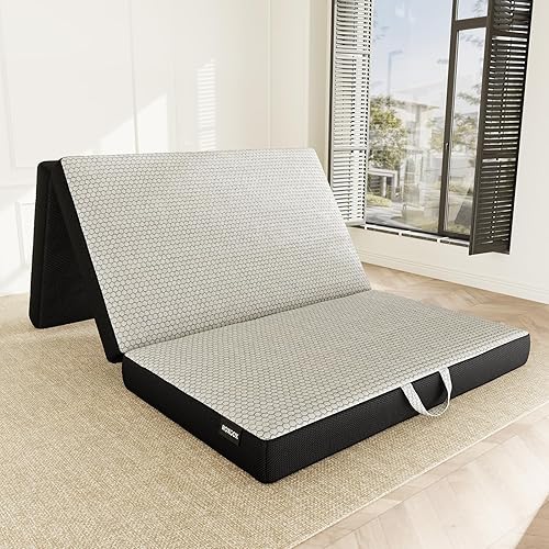 Memory Foam Trifold Mattress, Twin Portable Floor Bed 4 Inch, Foldable Mat with Washable Cover, Handle & Non-Slip Bottom, for RV, Travel, Camping