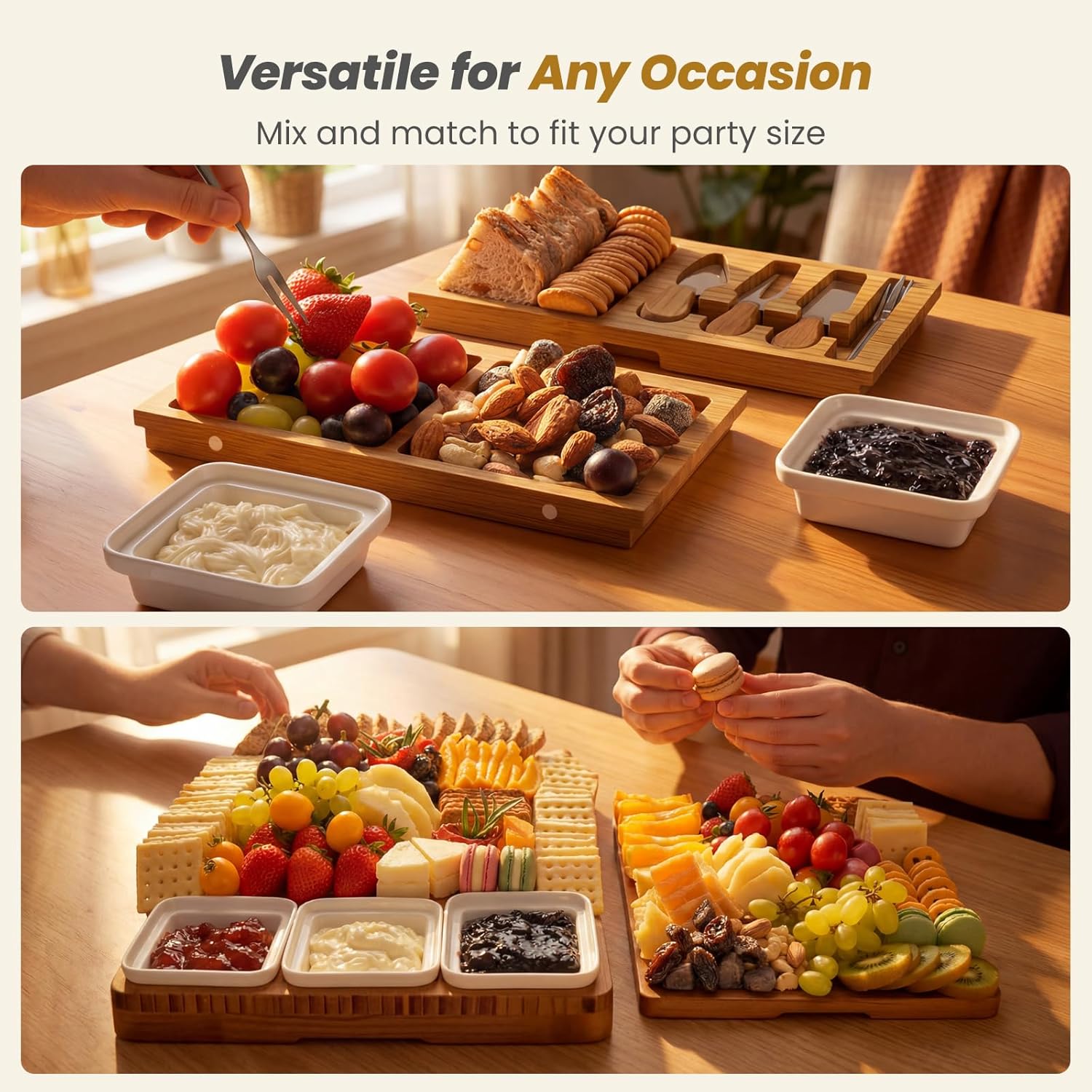 Charcuterie Board with Knife Set, Double-Drawer Cheese Platter, Extra-Large Square Cheese Tray, House Warming Gifts New Home, Carbonized Bamboo