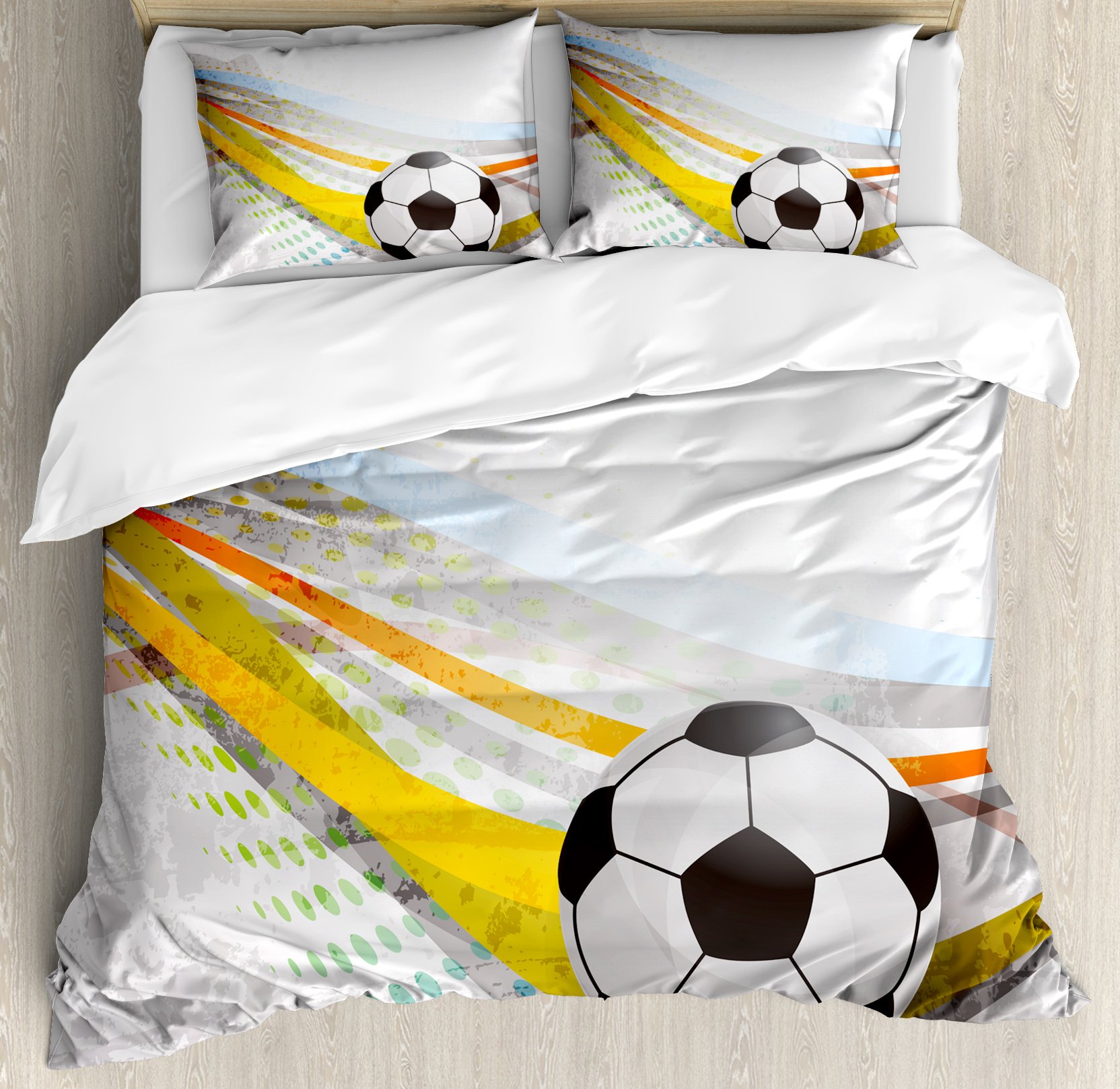 Ambesonne Teen Room Duvet Cover Set, Soccer Background with Football Colorful Lines Sports Game with Digital Display, Decorative 3 Piece Bedding Set with 2 Pillow Shams, Queen Size, Yellow Black