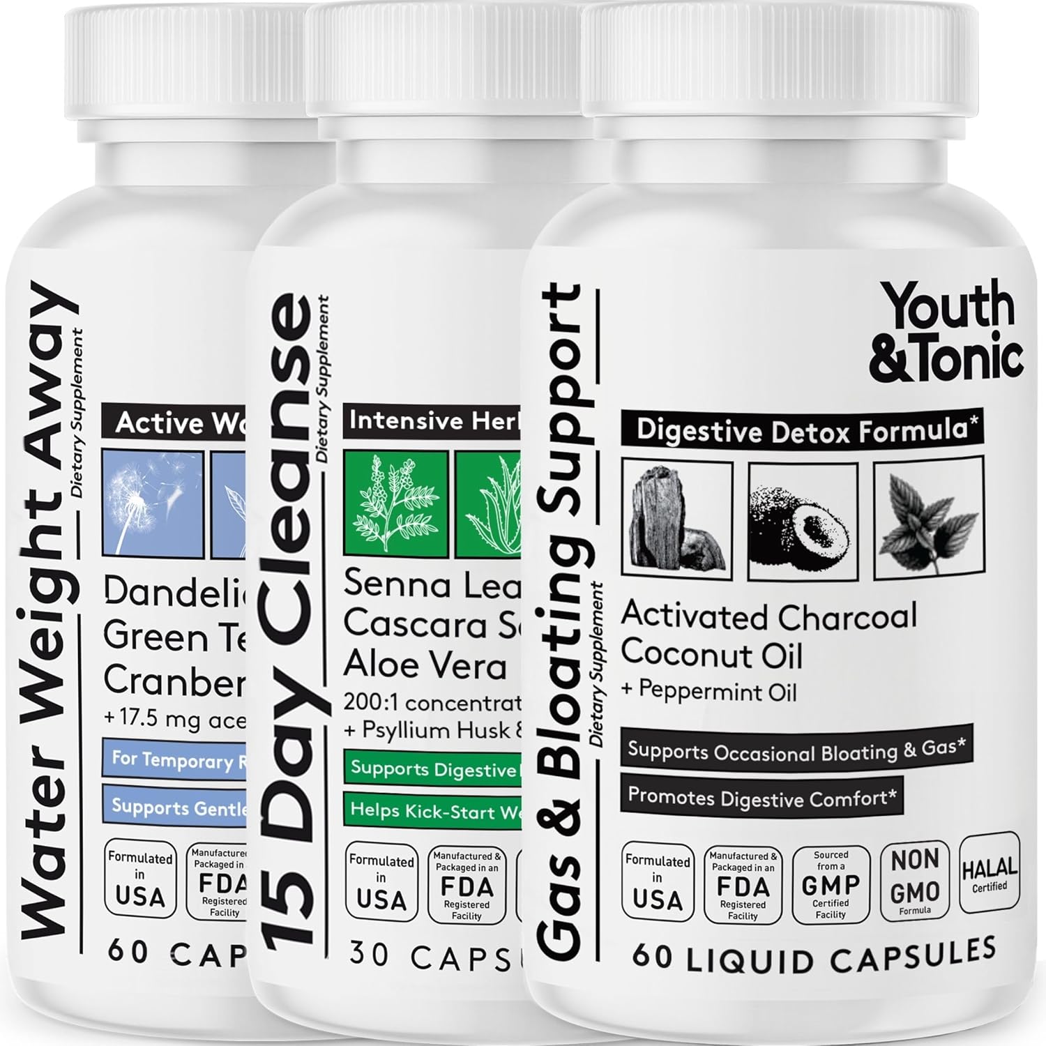 Youth & Tonic Belly Bloating Relief for Gas, Gut & Water Debloating – Digestion & Fluid Retention Support with Activated Charcoal for Women & Men– 150 Pills