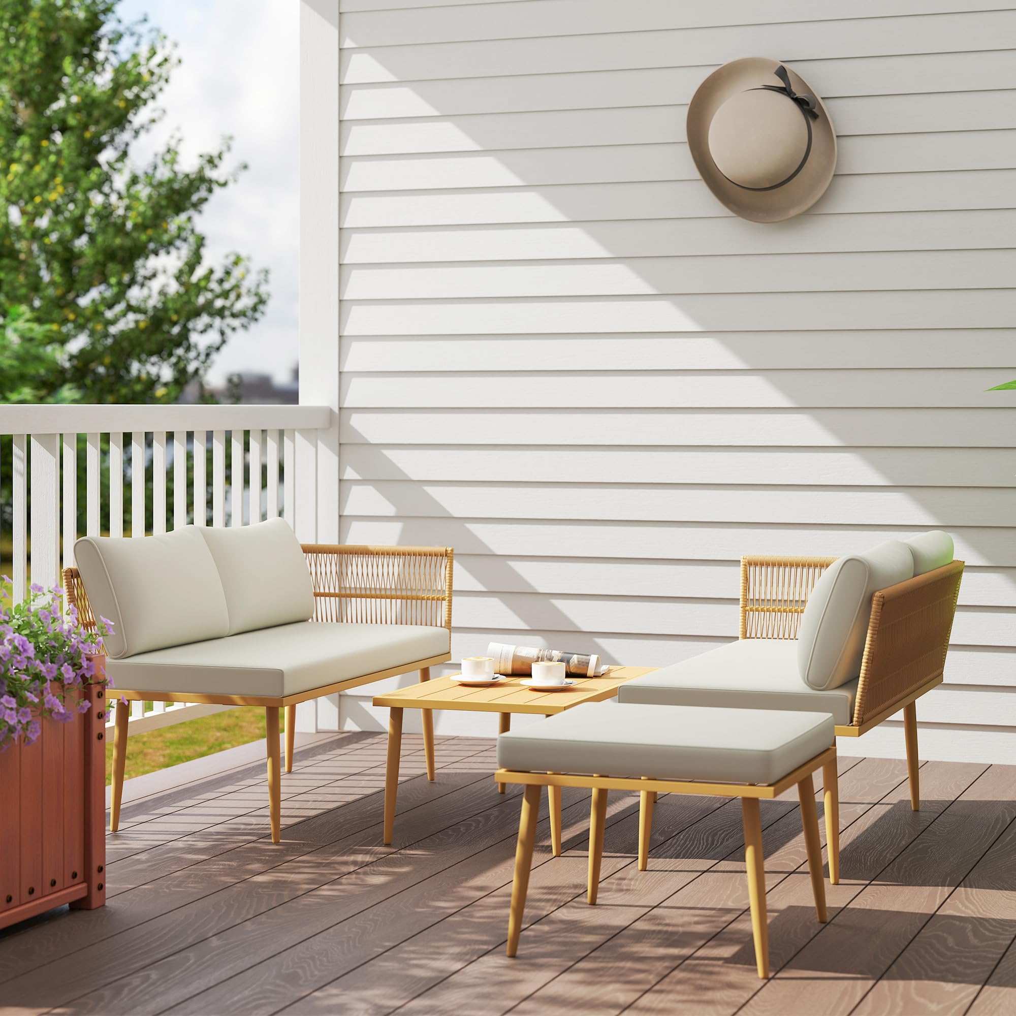 Outsunny Salon de Jardin Extérieur 5 Places Résine Tressée Modulable Crème | Mobilier de Jardin, 2 Canapés, Pouf, Table Basse, Coussins Déhoussables Inclus, pour Balcon Terrasse Véranda