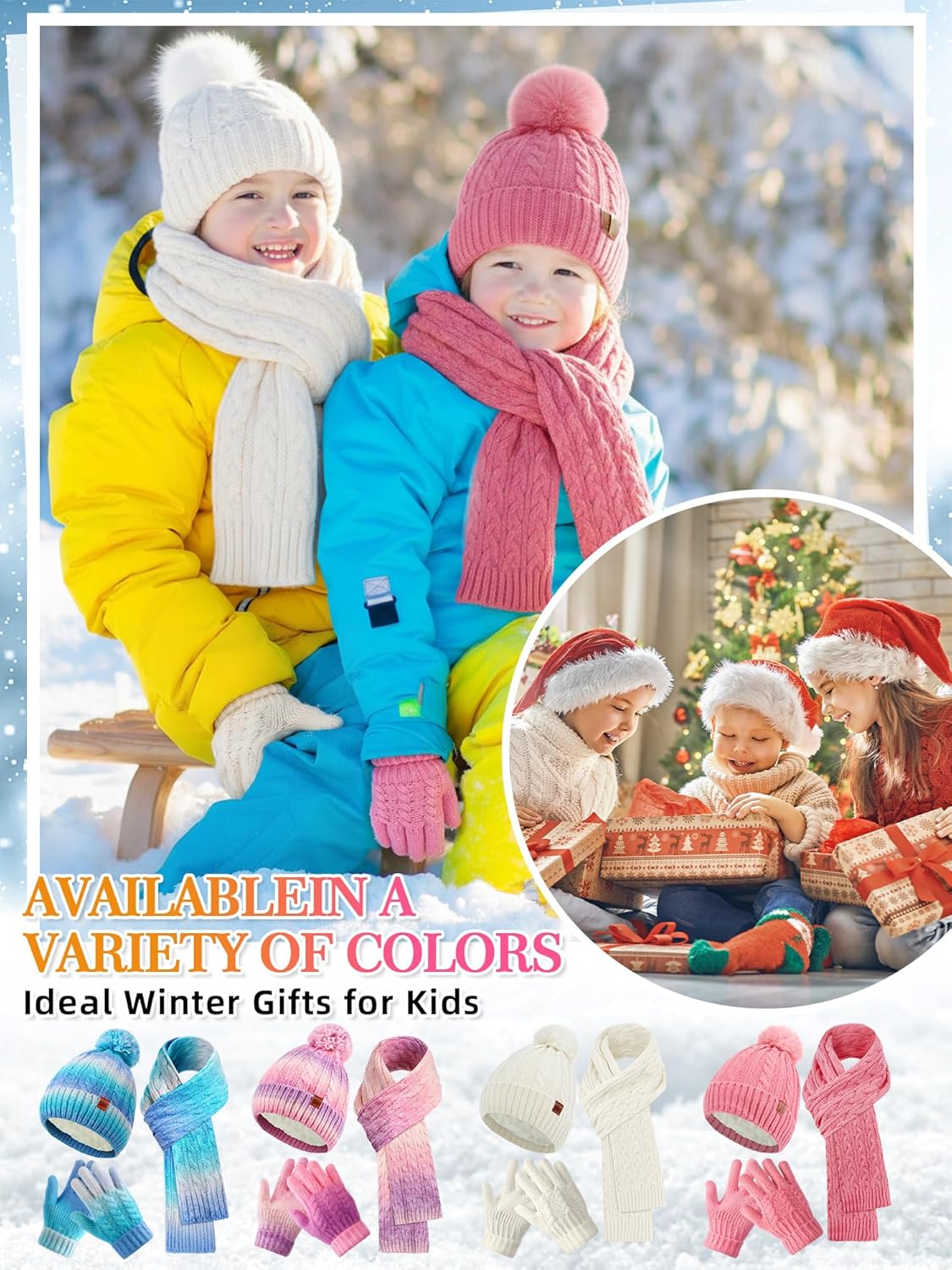 ShinyMarch Kids Winter Hat Scarf Gloves Set Thick Thermal Lined Beanie with Pom Warm Neck Gaiter Knit Mittens for Boys Girls - Image 6