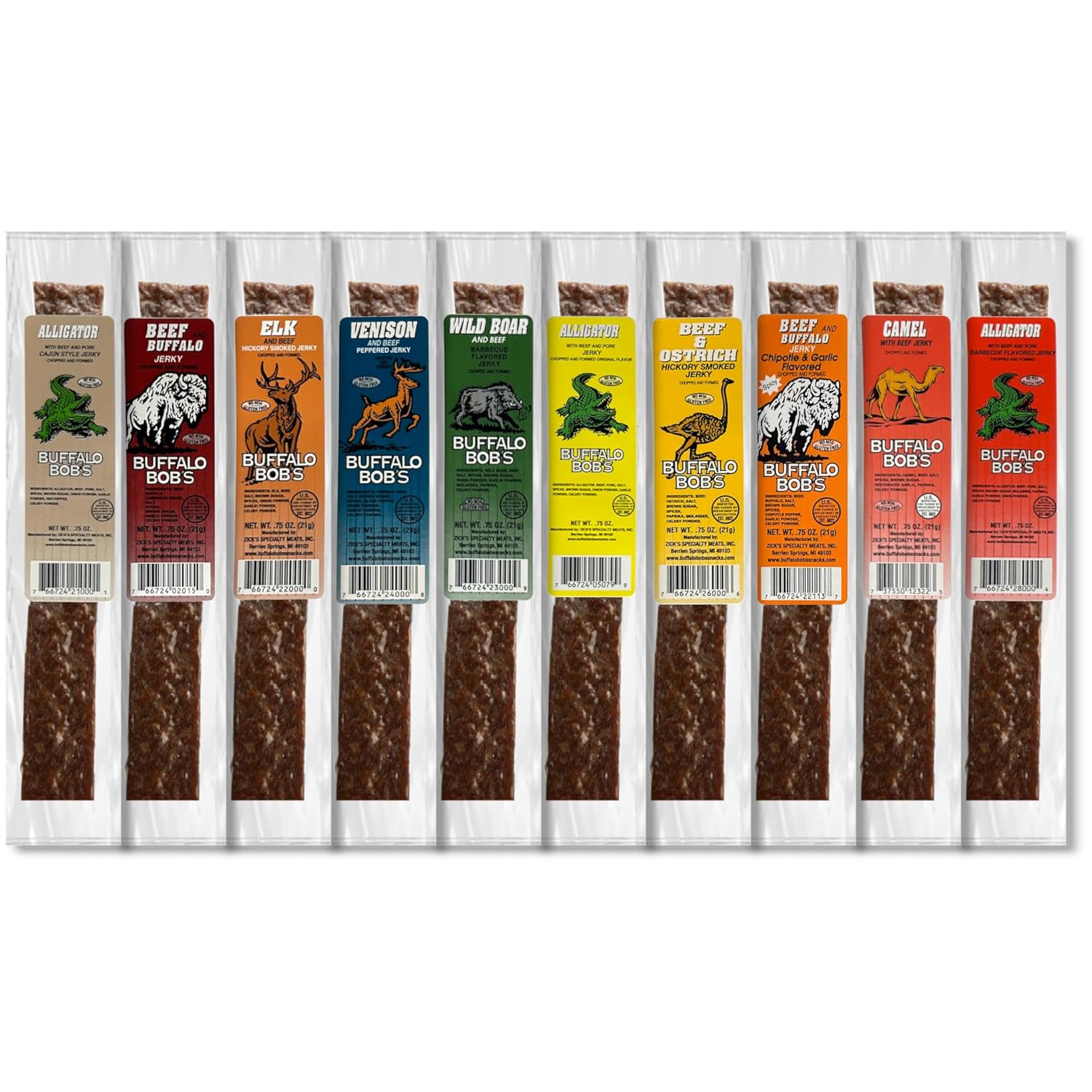 Buffalo Bob's Ten Piece Gourmet Exotic Jerky Assortment California Legal, Reindeer, Alligator-Elk-Buffalo-Ostrich-Venison-Wild Boar