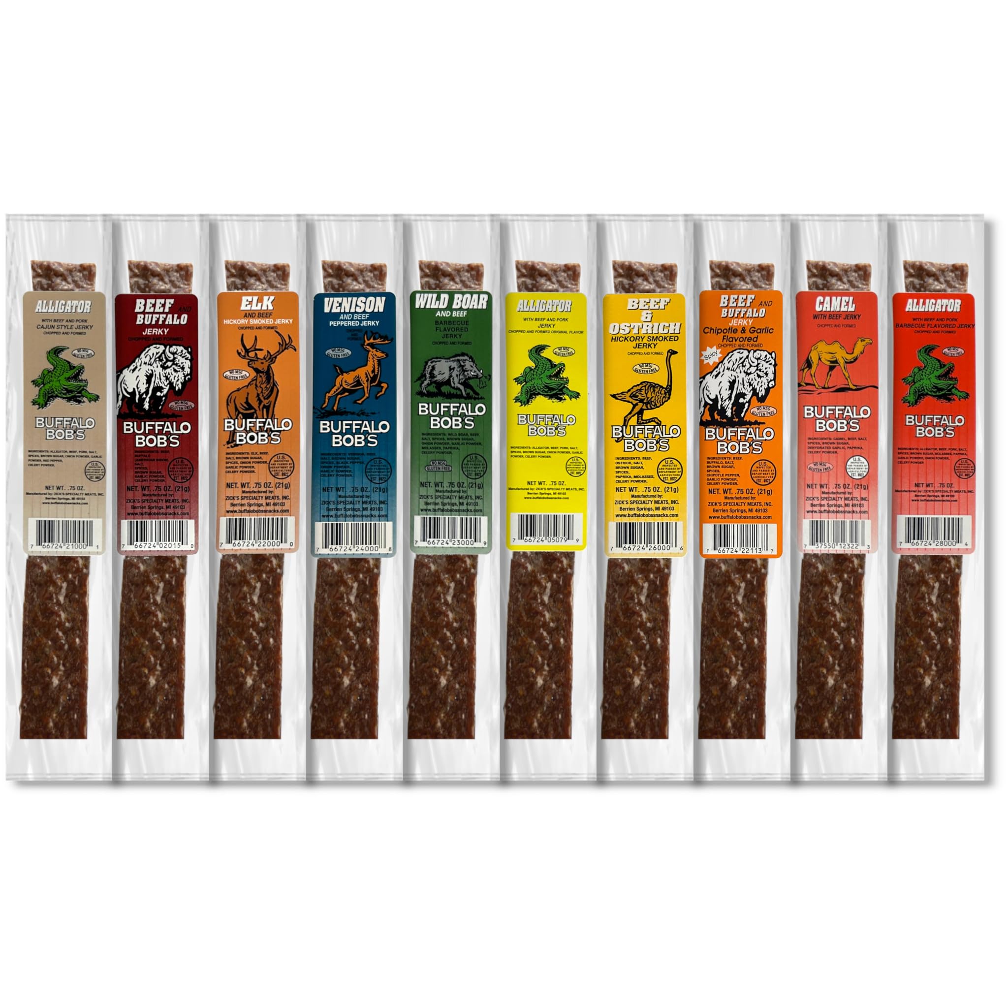 Buffalo Bob's Ten Piece Gourmet Exotic Jerky Assortment California Legal, Reindeer, Alligator-Elk-Buffalo-Ostrich-Venison-Wild Boar