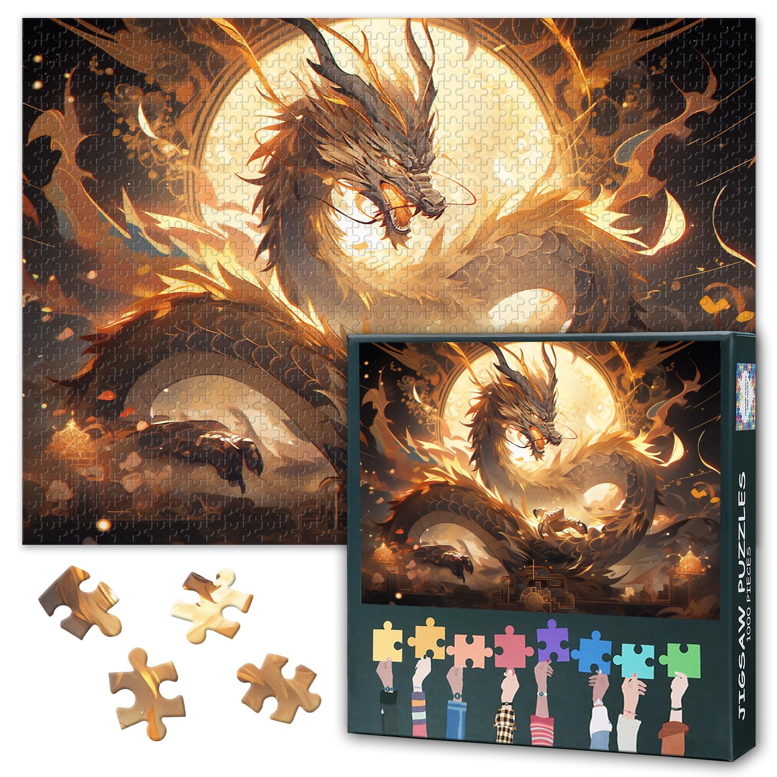 Chinese Dragon Puzzles for Adults 1000 Pieces, Fantasy Chinese Golden Dragon Jigsaw Puzzles, Adult Puzzle for Adults, Educational Fun Games or Toys for Elders Friends 20X27 INCH