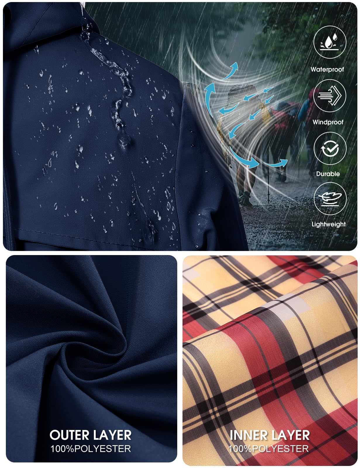 Tuopuda Regenjacke Damen Wasserdichte Übergangsjacke Lange Regenmante Windbreaker Jacke Leicht mit Abnehmbare Kapuze Regenparka Atmungsaktiv für Frühling Sommer Herbst