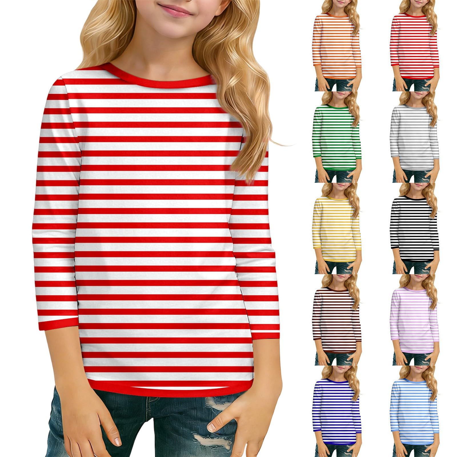 Gestreiftes Langarm-T-Shirt für Kinder, Klassischer Rundhalsausschnitt Langarmshirt,3/4 Ärmel T-Shirt,Mädchen Ringelshirt, Weiches Leichtes Slim-Fit-Oberteil für Mädchen und Jungen