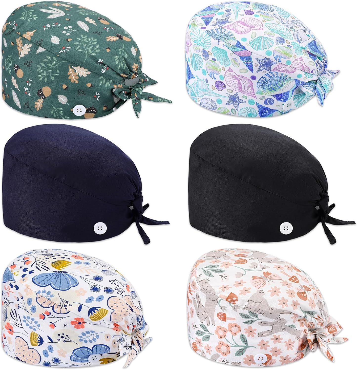 Geyoga 6 Pcs Bouffant Scrub Caps Working Surgical Cap Nurse Hats with Buttons and Sweatband Adjustable Tie Back Hat Women Men