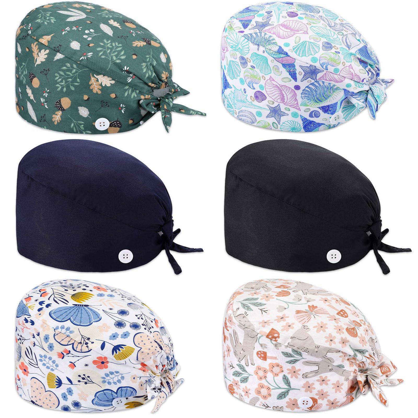 Geyoga 6 Pcs Bouffant Scrub Caps Working Surgical Cap Nurse Hats with Buttons and Sweatband Adjustable Tie Back Hat Women Men