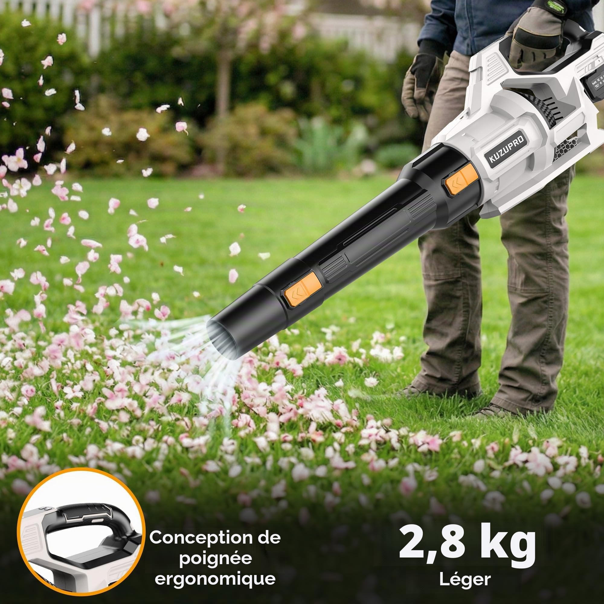 Souffleur de Feuilles sans Fil 21V, 2 Batteries 4,0Ah Incluses, 3 Vitesses Réglables, 2 Tubes de Soufflage Amovibles, Bandoulière – pour Jardin, Terrasse et Nettoyage Extérieur