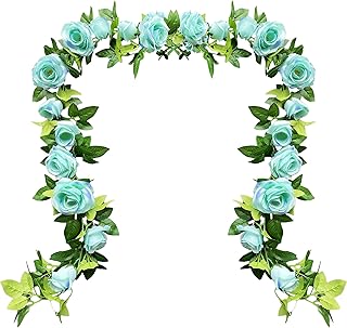 UKELER 2 Pack Artificial Flower Garland Fake Rose Vine Artificial Flowers Green&Blue Hanging Roses for Wedding Arch Party Garden Craft Home Decor