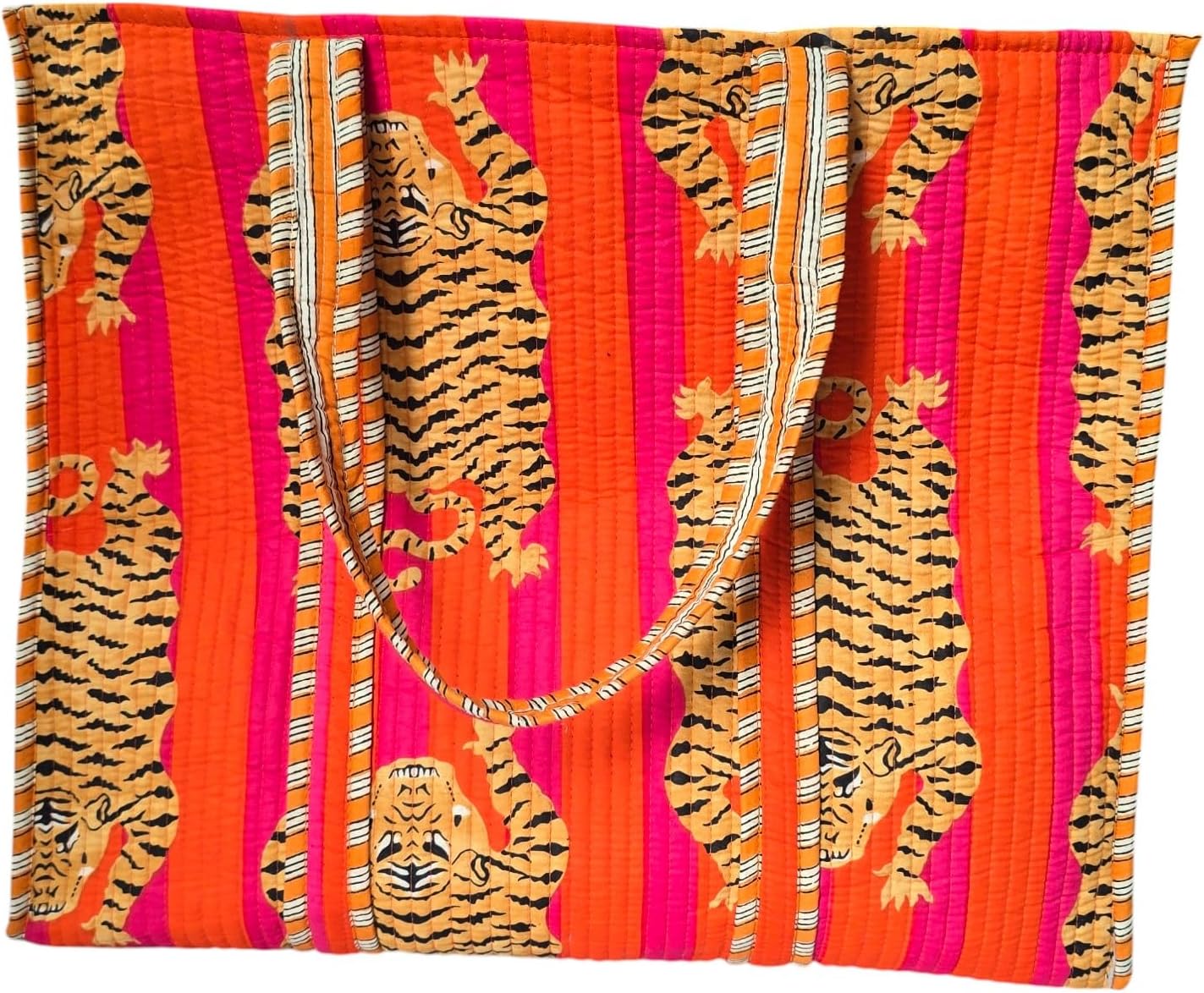 JAIPURIGAMRENT Tiger Striped Handblock Print Cotton Quilted Shoulder Tote Bag