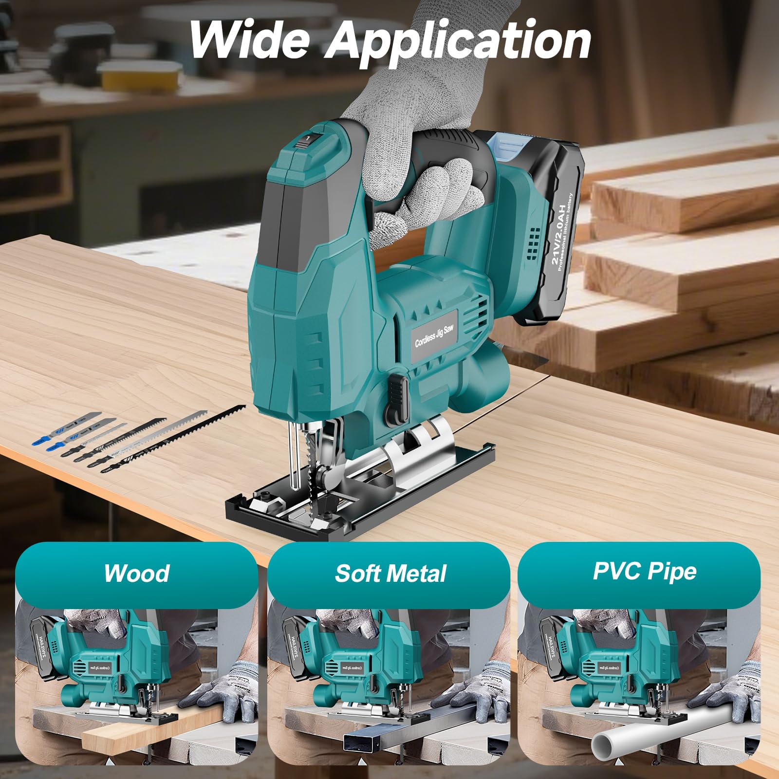 Scie Sauteuse Sans Fil Compatible avec Batteries Makita 18V, Scies Sauteuses Electriques pour Coupes en Biseau ±45° 2900RPM avec 0-3 Ensembles Orbitaux, 6 Lames pour Bois/Métal/PVC