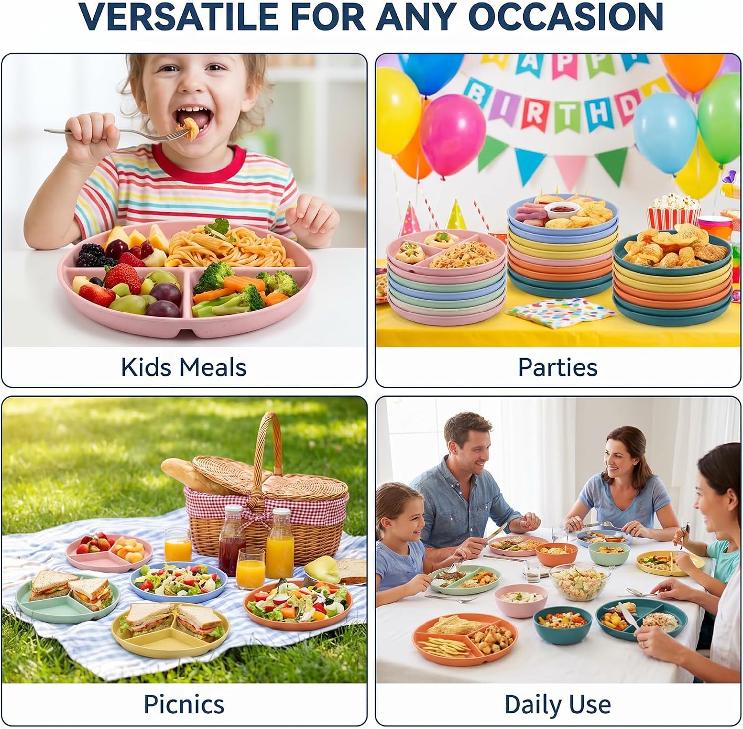 8pc Wheat Straw Divided Plates, 3 Compartment Portion Control Dinner Plates for Adults Kids, Reusable Lightweight Food Plates for Home Kitchen Camping