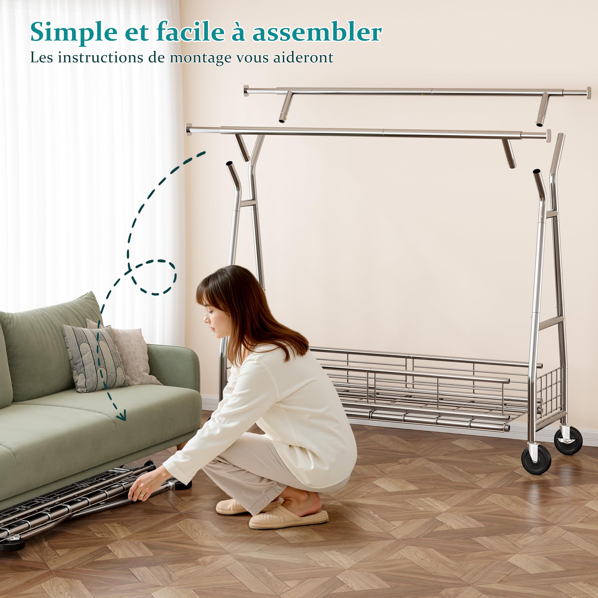 Portant à Vêtements Solide à Roulettes avec Panier, charge 200KG
