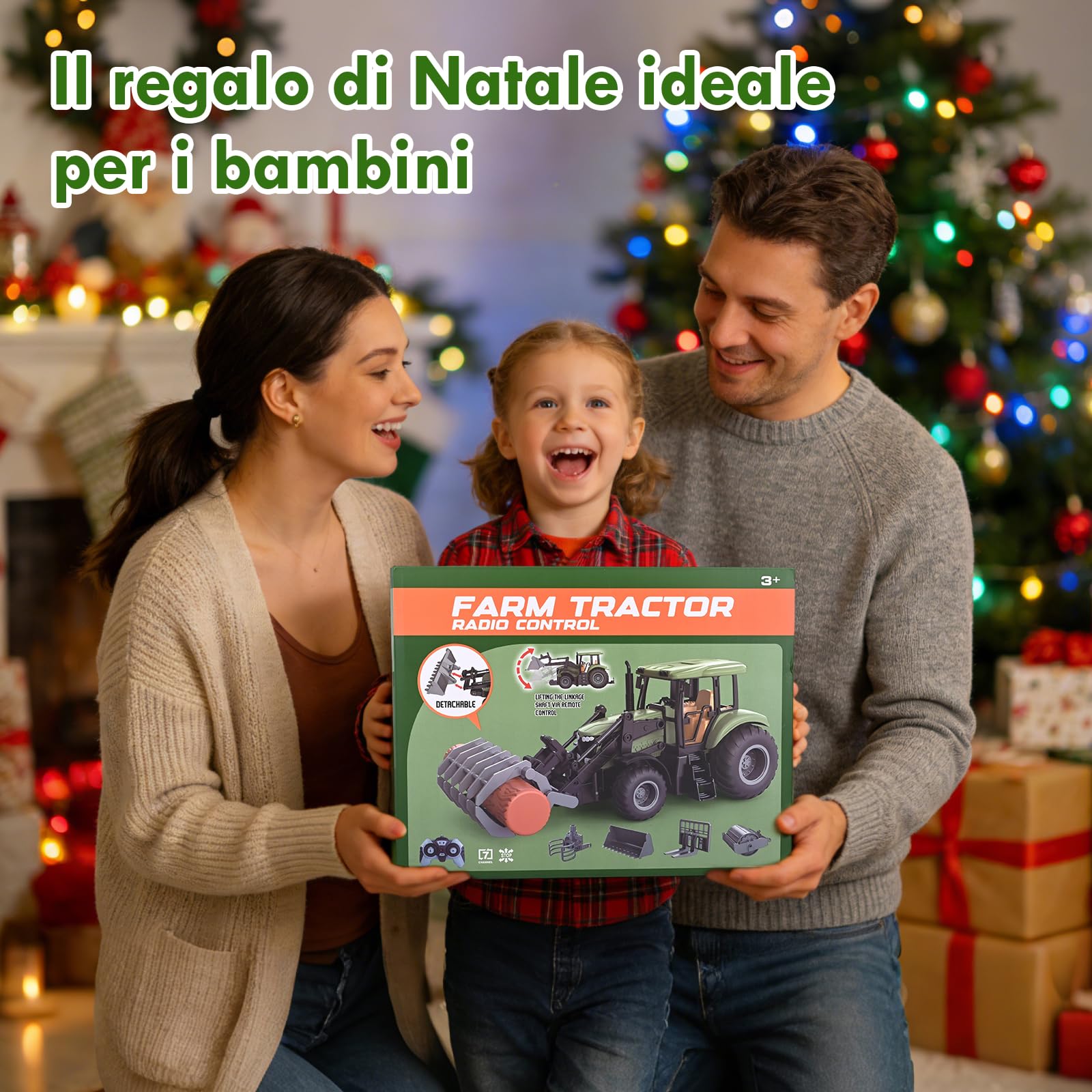 Trattore Telecomandato per Bambini, RC Trattore Telecomandato con Rimorchio, 2.4GHz Telecomando & App, 5x Fronte del Veicolo, Cavallo, Botte di Vino, Pagliaio, Giocattolo per Bambini da 3 Anni