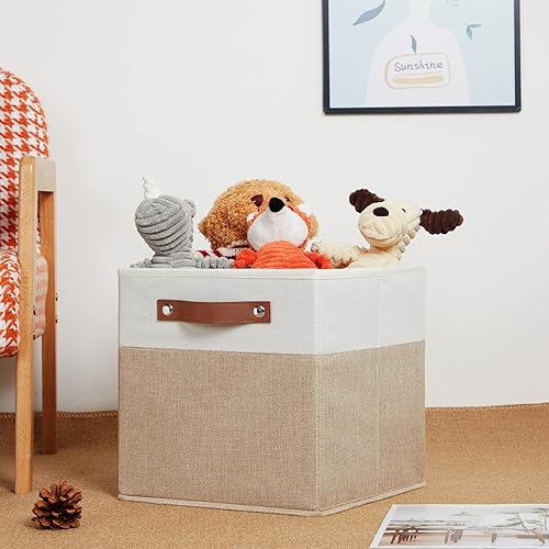 Miniatura 3 de HNZIGE Cestas de almacenamiento de tela, cubos para estantes, 11 x 11 pulgadas, canastas de almacenamiento plegables con asas de cuero para