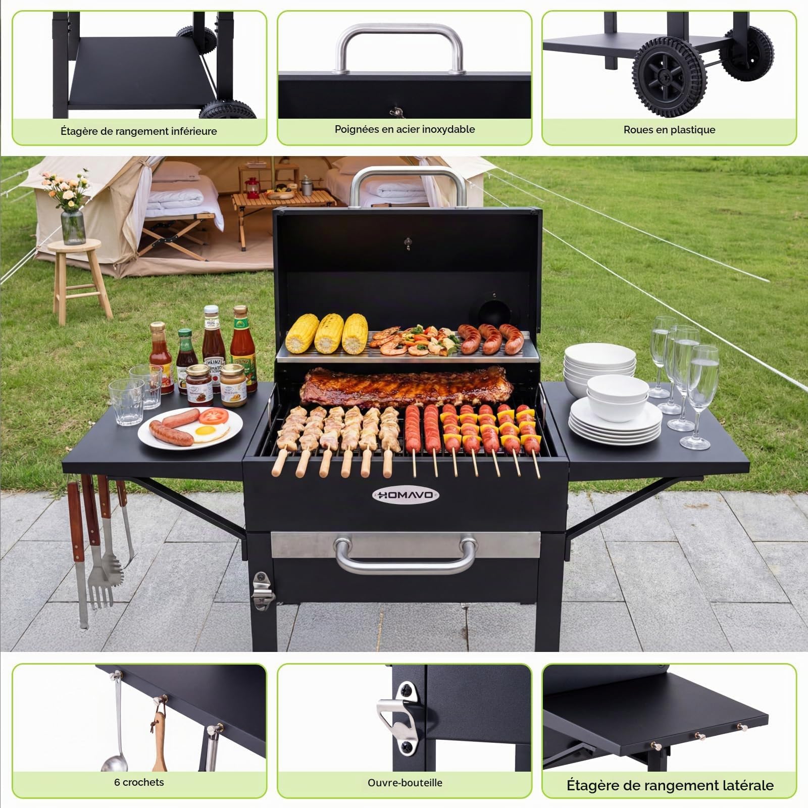Barbecue charbon avec couvercle, Grill 2 en 1 sur pied et table, Compact pour balcon et jardin, Thermomètre intégré, Grille maintien au chaud, Facile à déplacer