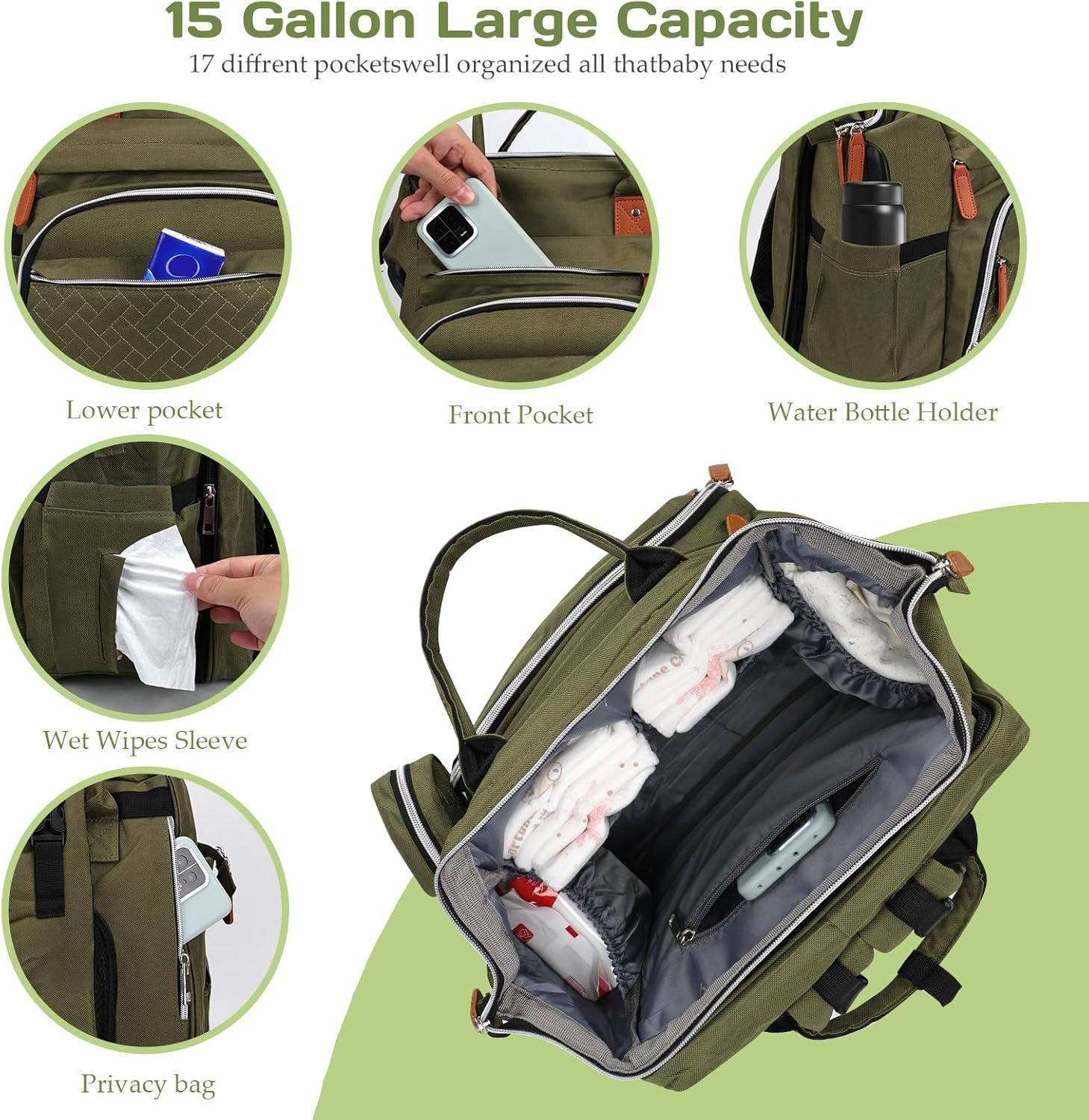 Diaper Bag Backpack for New Parents, Large Capacity Baby Travel Bag with Bottle Holders, Multiple Compartments (Green)