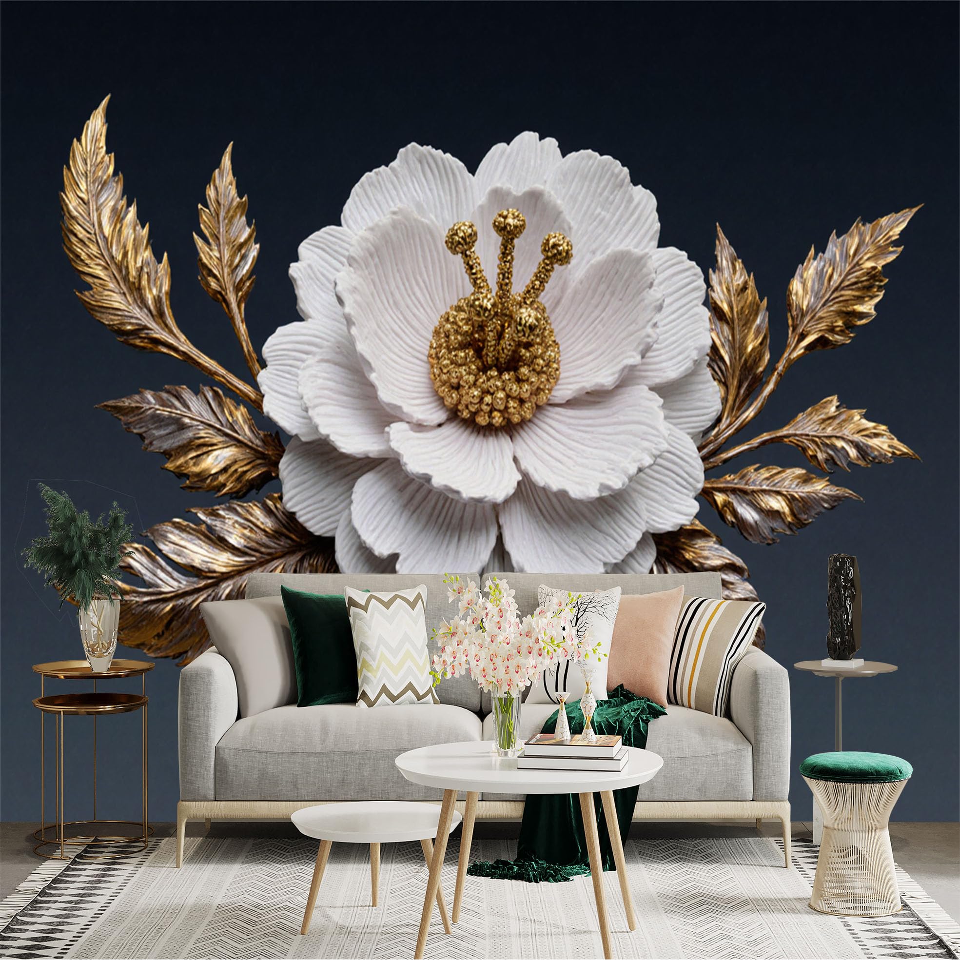 Custom Size Wall Sticker Mural， Elegant White Blossom with Golden Metallic Leaves， Artistic Floral Interior Decor， for wall Decoration， peelandstick wall Decals.