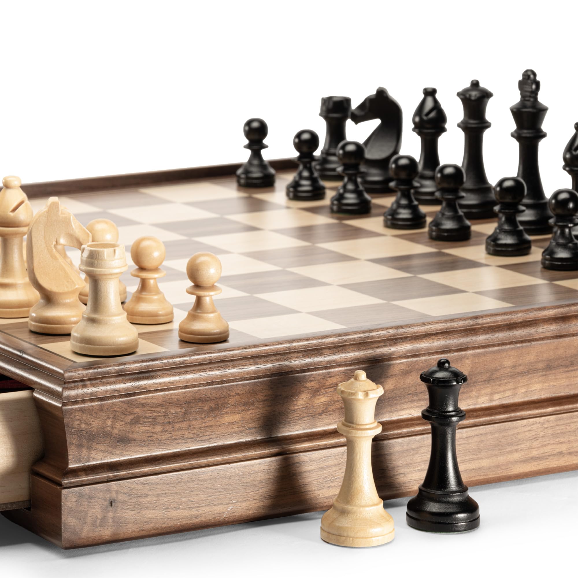 A&A Jeu d'échecs 2 en 1, 38 x 38 cm, en bois de noyer, avec tiroir de rangement, triple poids - Hauteur roi : 7,6 cm - 2 reines supplémentaires, échecs et dames