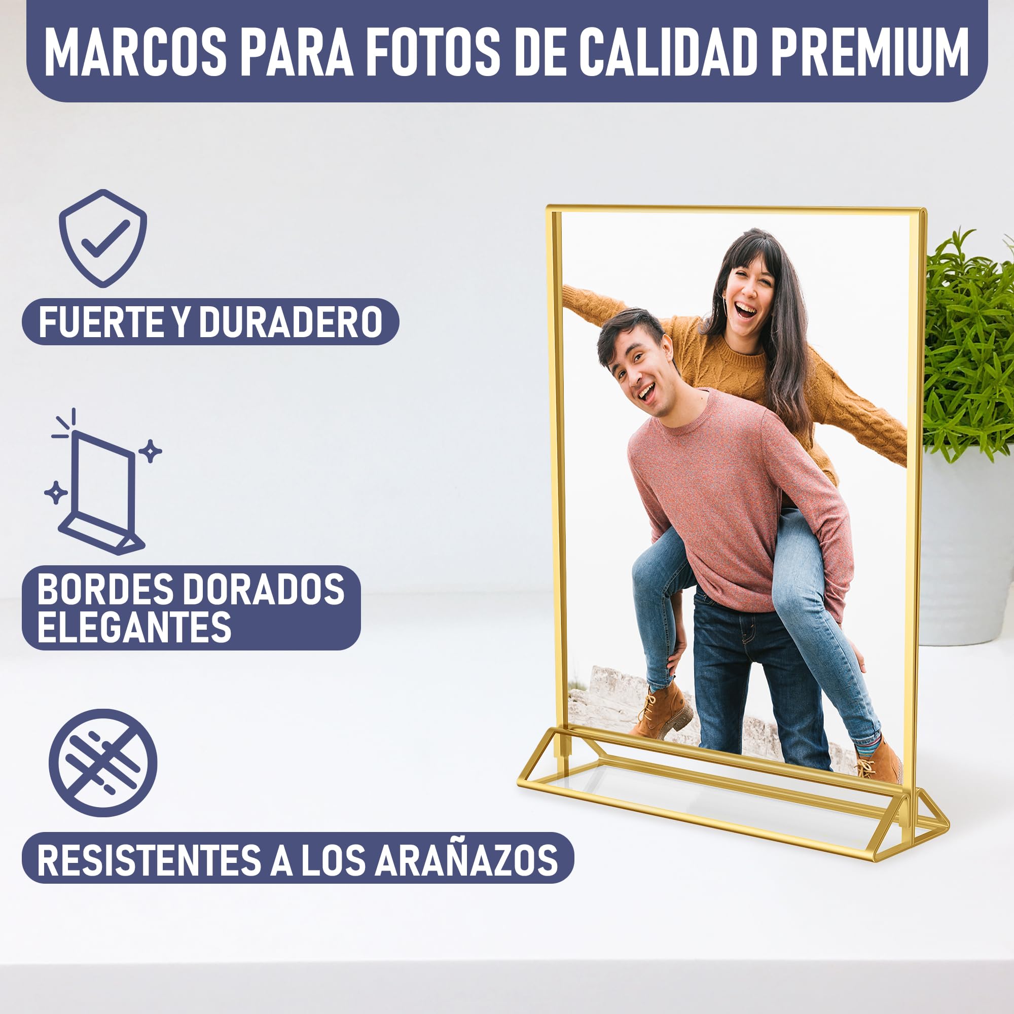 Marcos dorados de doble cara – 6 unidades – soportes de números de mesa de acrílico dorado, soportes de mesa de caballete transparente para letreros, soporte de menú, marco de fotos (A5)