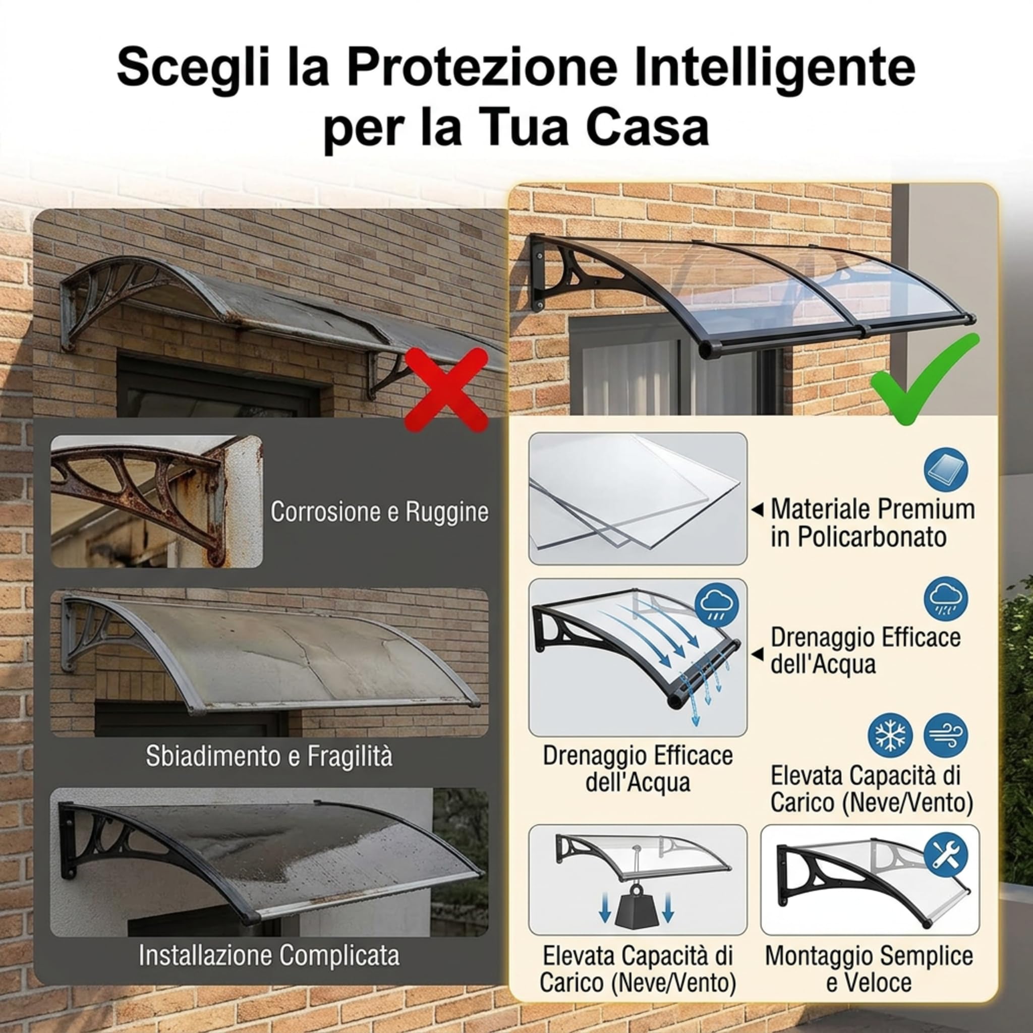 120x200cm pensilina da esterno【ERRTSDB tettoia, Grigio Argento+Verde】Protezione UV, Pioggia, Modulare con Groove di Scarico per Porte Balcone Finestre Elegante E Resistente