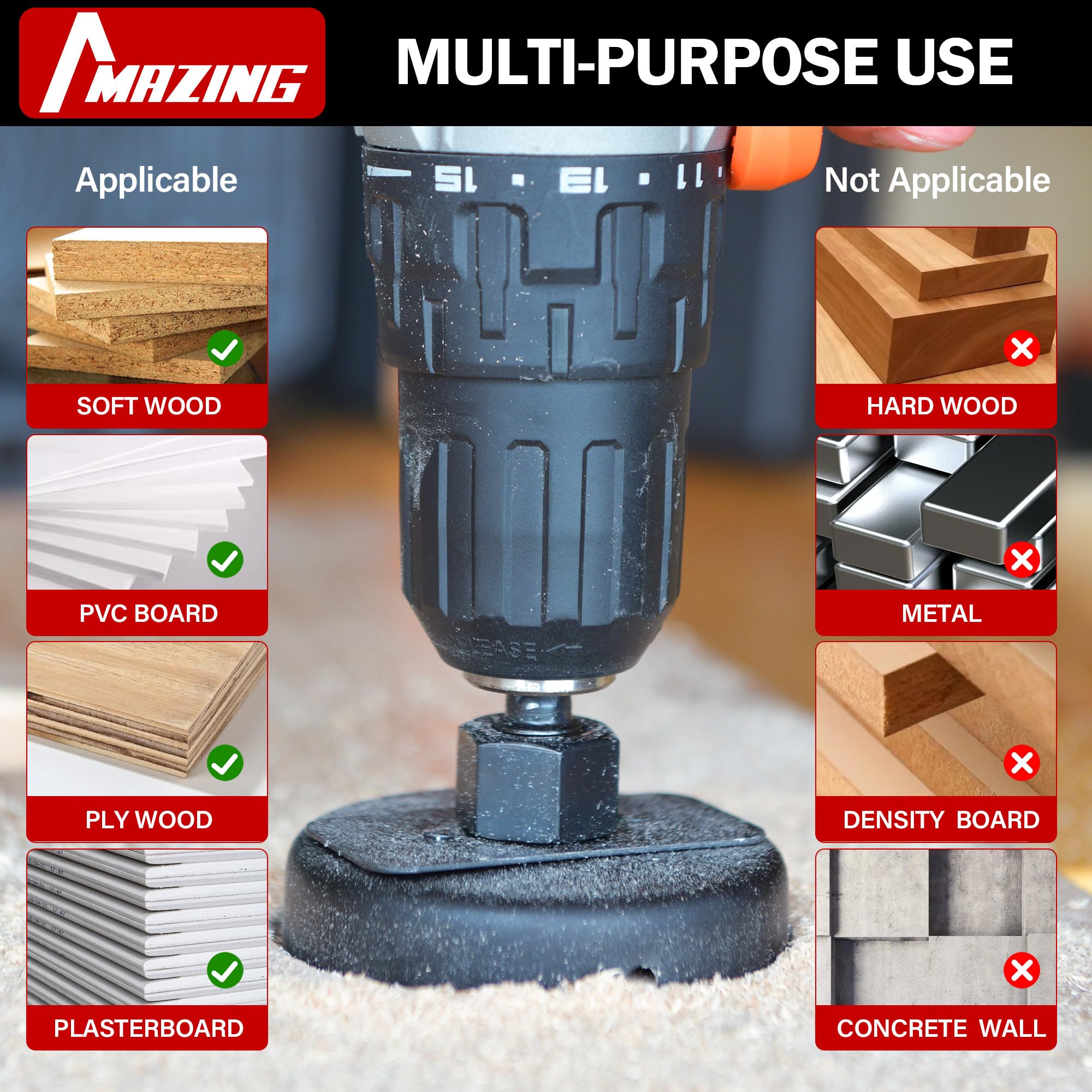 MAZING Juego de 19 sierras perforadoras con hojas de sierra de 19 mm a 127 mm, mandriles, placa de instalación, brocas, llave hexagonal y funda, ideal para paneles de yeso, madera blanda, madera